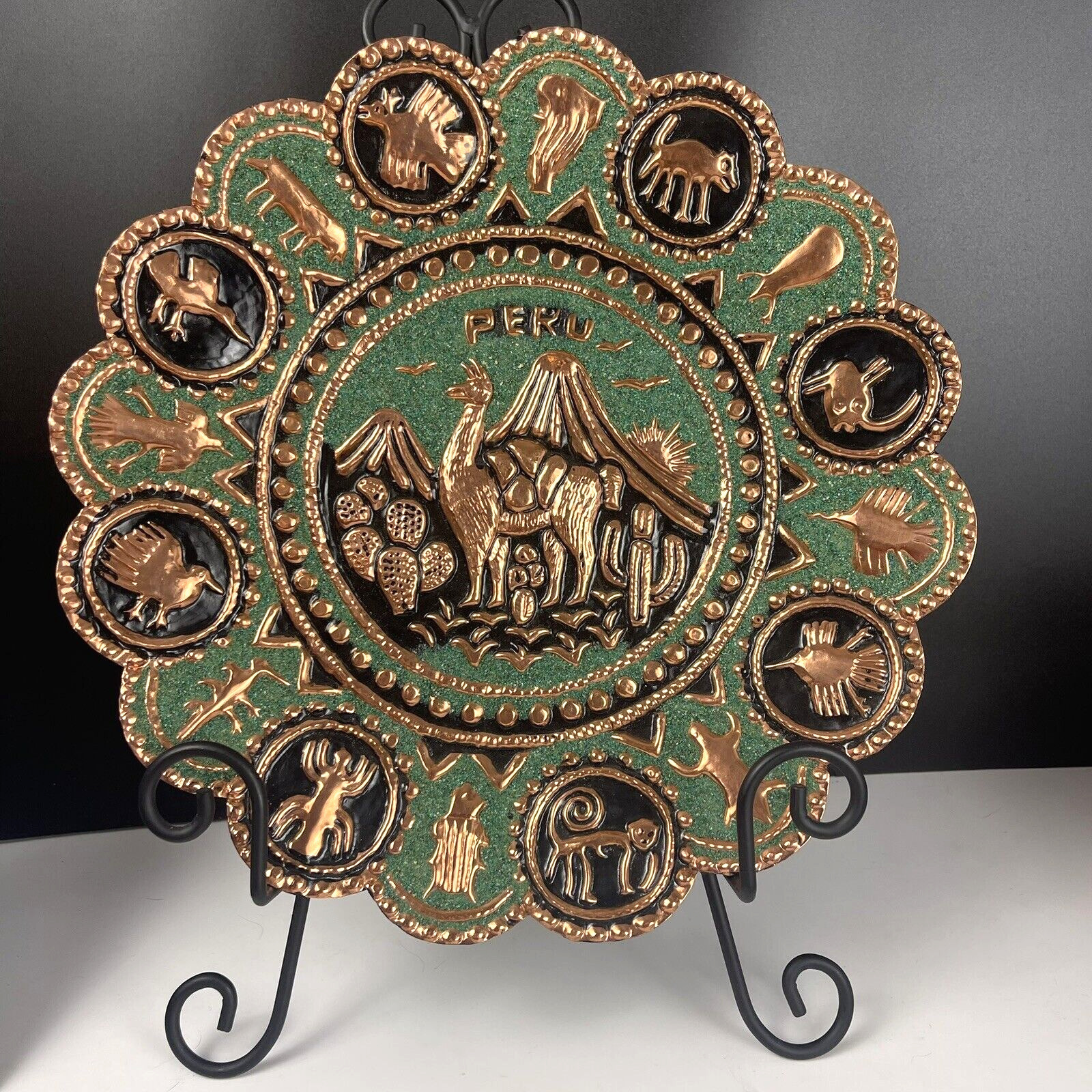 Peruvian Llama Copper Coil Nazca Turquoise Wall Plate Handmade Embossed Brass