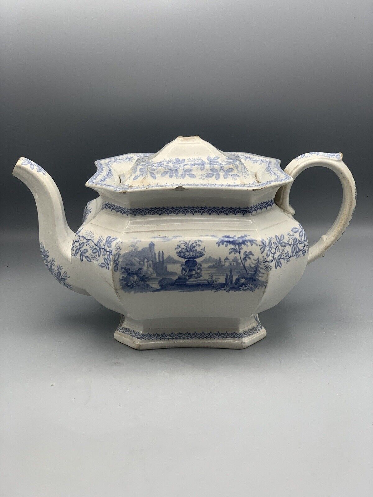 Antique Blue Transferware Early English Teapot AS IS