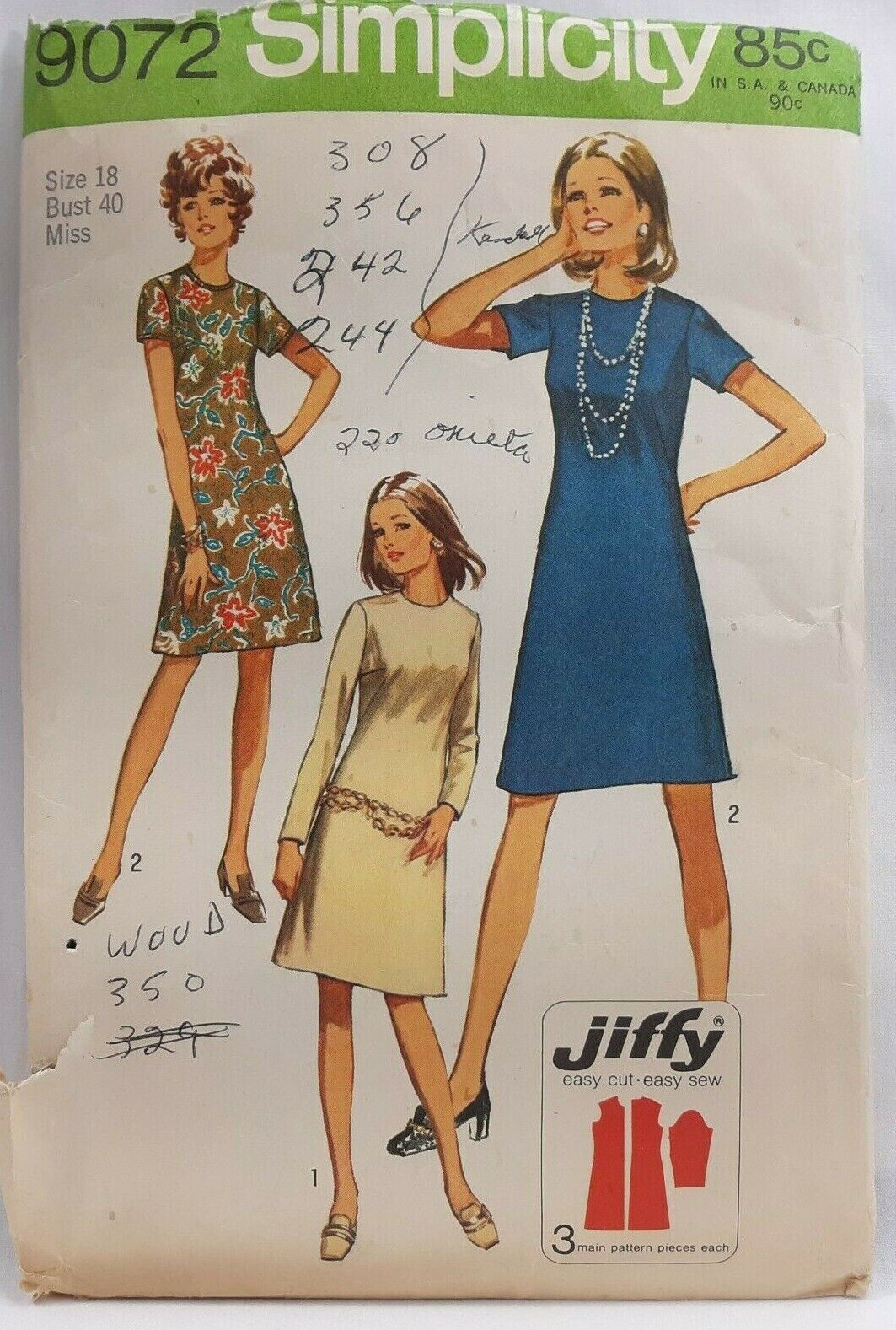 1970 Simplicity Sewing Pattern 9072 Womens Jiffy Dress 2 Sleeves Sz 18 Vntg 8238