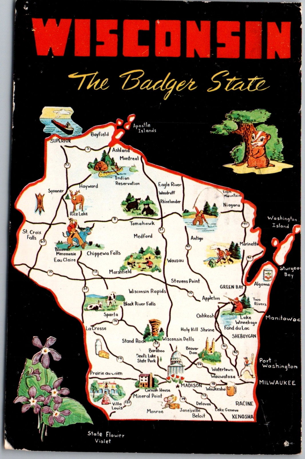 Vintage Postcard Wisconsin Badger State Map 1961 Postage Boston MA - Waikesha WI