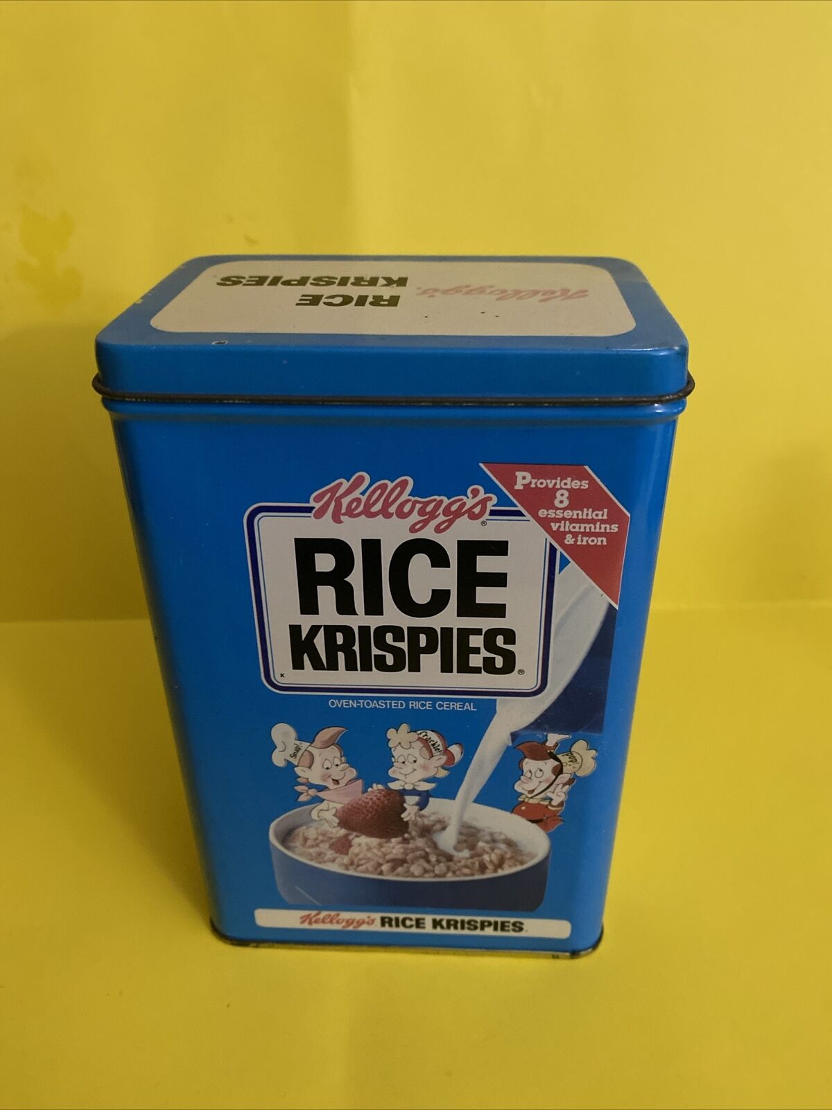 KELLOGG'S RICE KRISPIES 1994 TIN CONTAINER 7” TALL  X  4 1/4” LENGTH X 3” WIDE