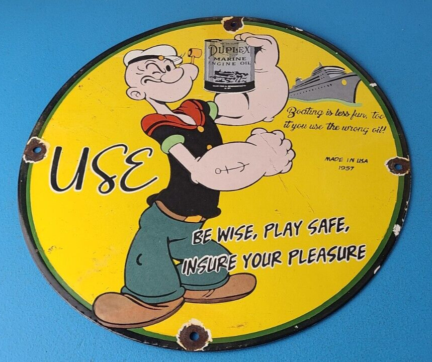 Vintage Duplex Marine Oil Sign - Popeye Gas Service Display Ad Porcelain Sign