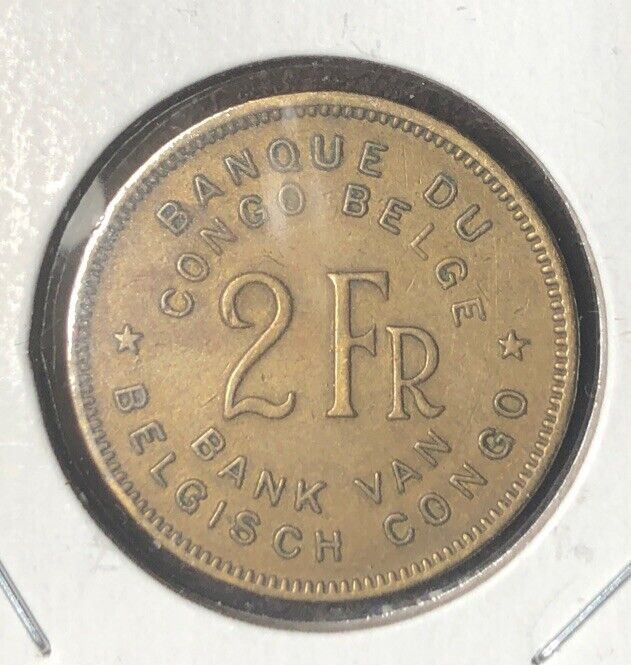 1947  Belgian Congo Two 2 Francs African Elephant Brass Coin-KM#28