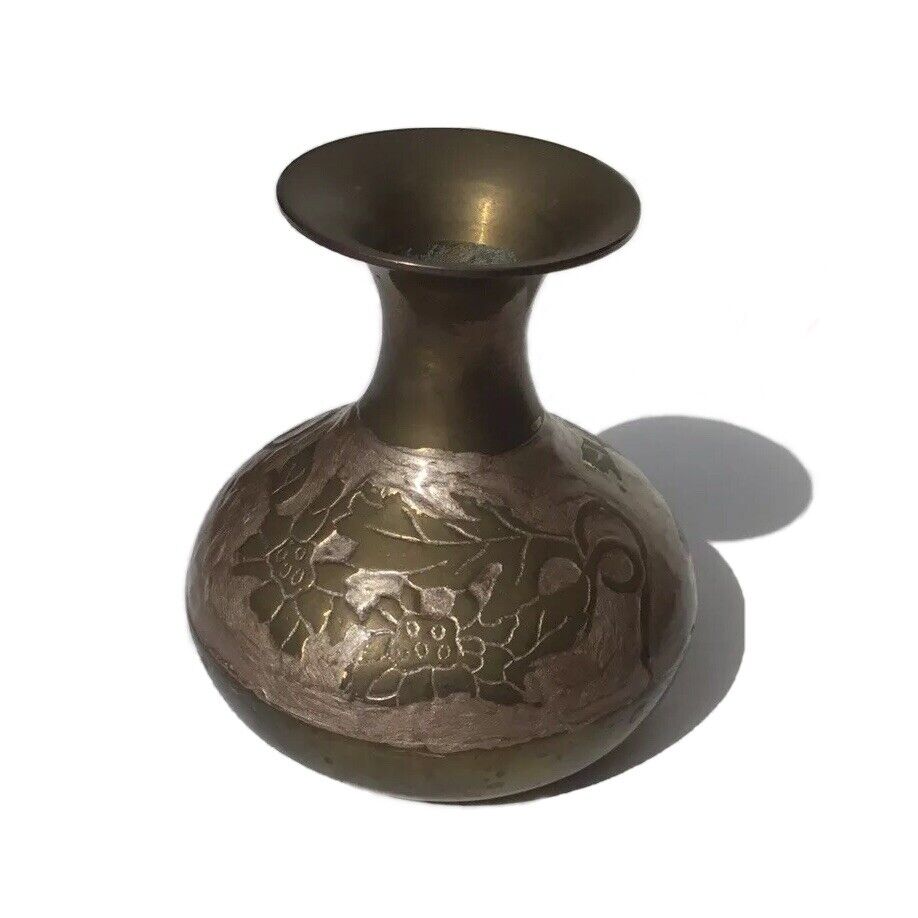 Vintage Solid Brass Floral Embossed Vase From India 4.5” Tall