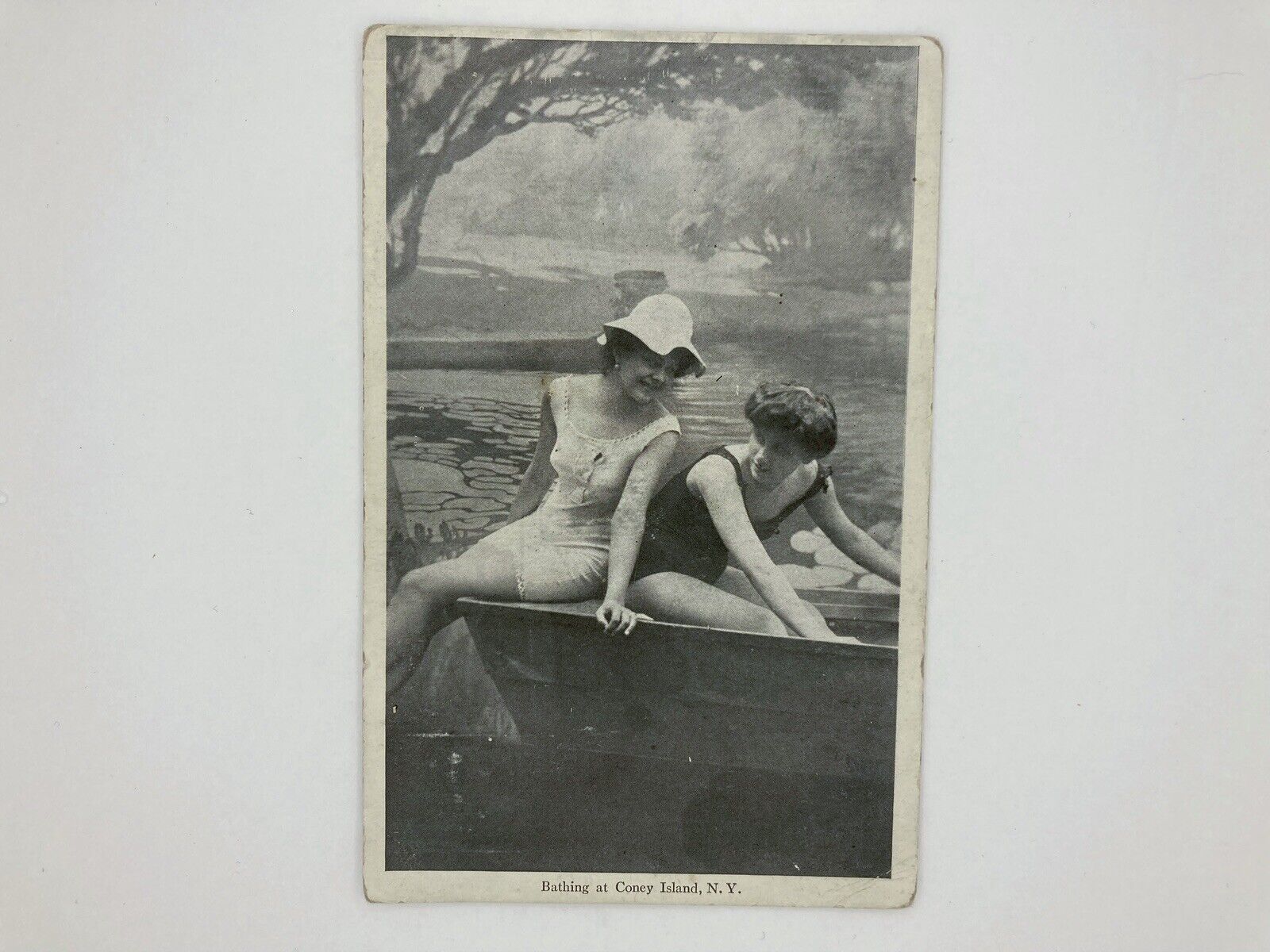 Two Women Bathing At Coney Island, N.Y. Vintage Black and White Postcard