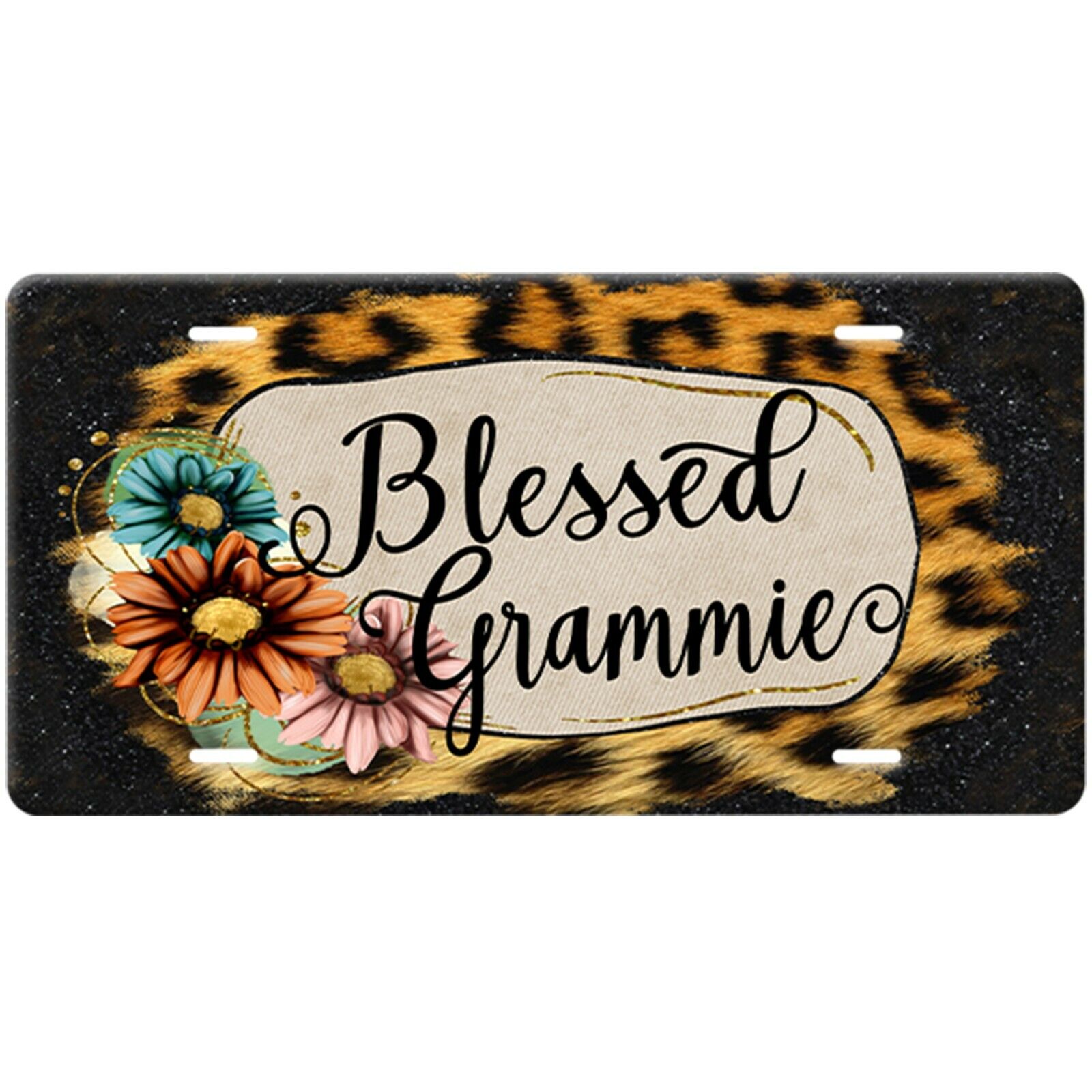 Blessed Grammie Grandmother Name License Plate-Leopard-Black Glitter-Flowers