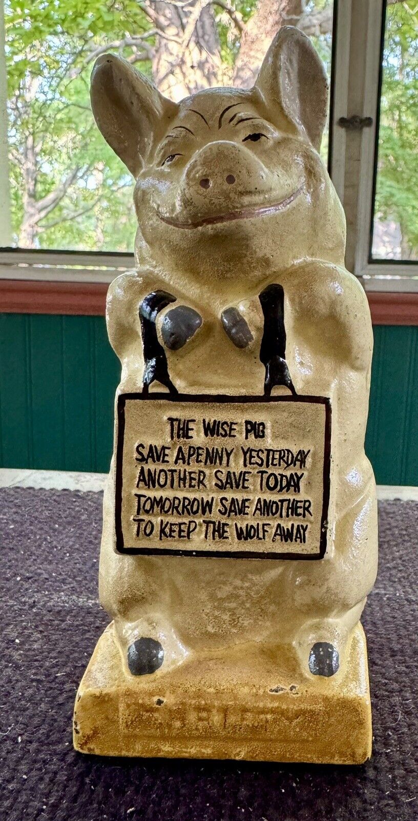 Vtg The Wise Pig THRIFTY Cast Iron COIN BANK