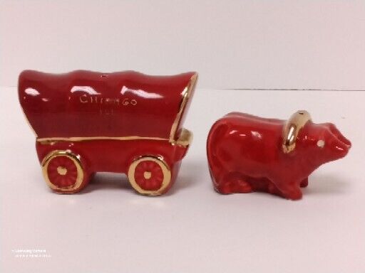 Vintage Chicago Illinois Red Wagon And Bulls Salt And Pepper Shakers