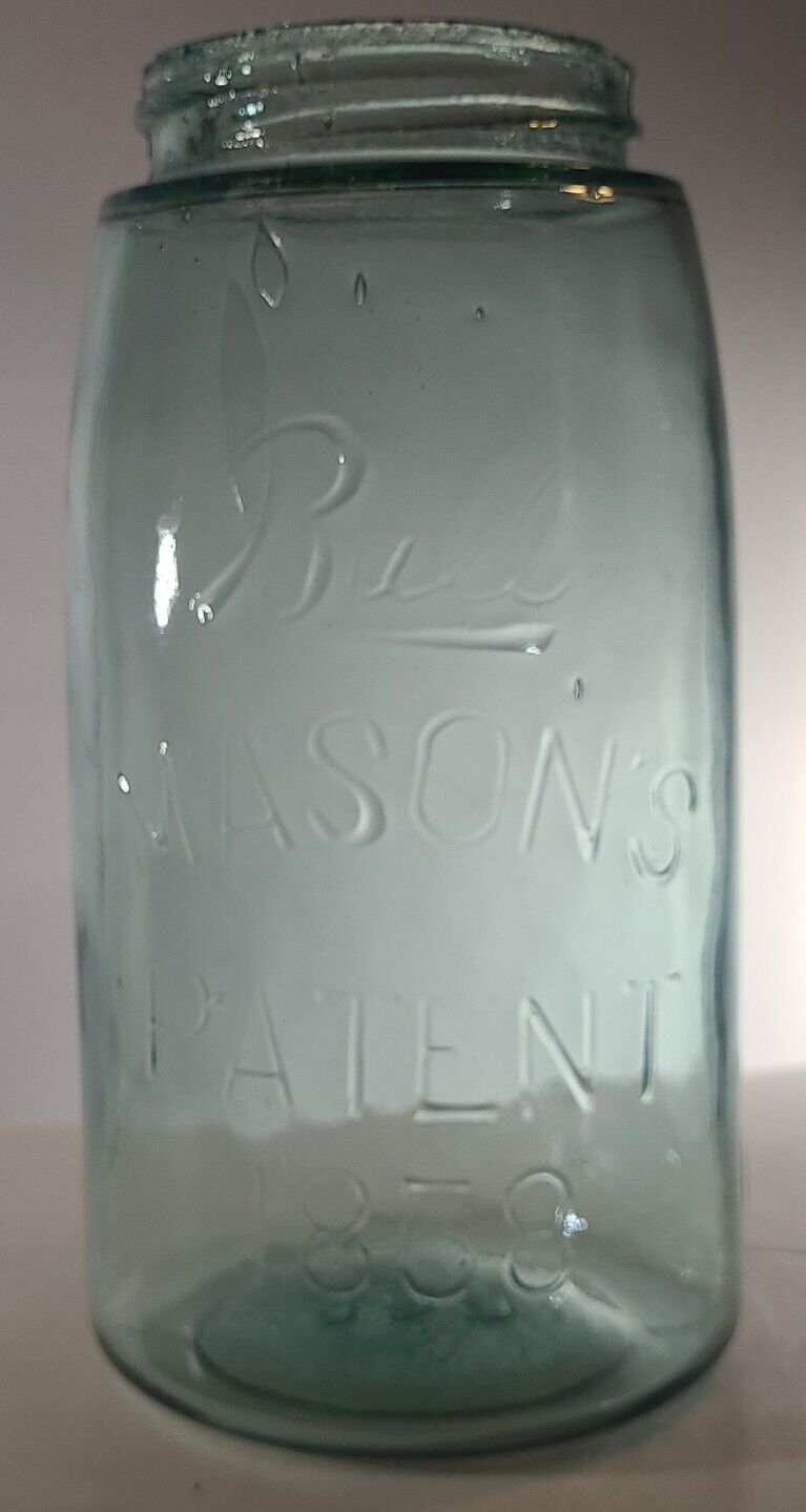 Ball Mason\'s Patent  1858. Early Ball Fruit Jar. Quart.  Greenish Aqua. With Lid