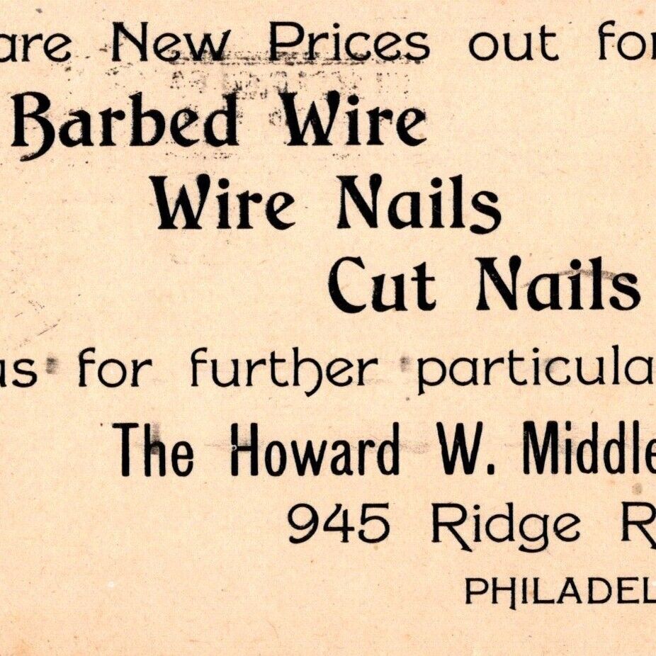 1897 The Howard W Middleton Co Barbed Wire Cut Nails 945 Ridge Road Philadelphia