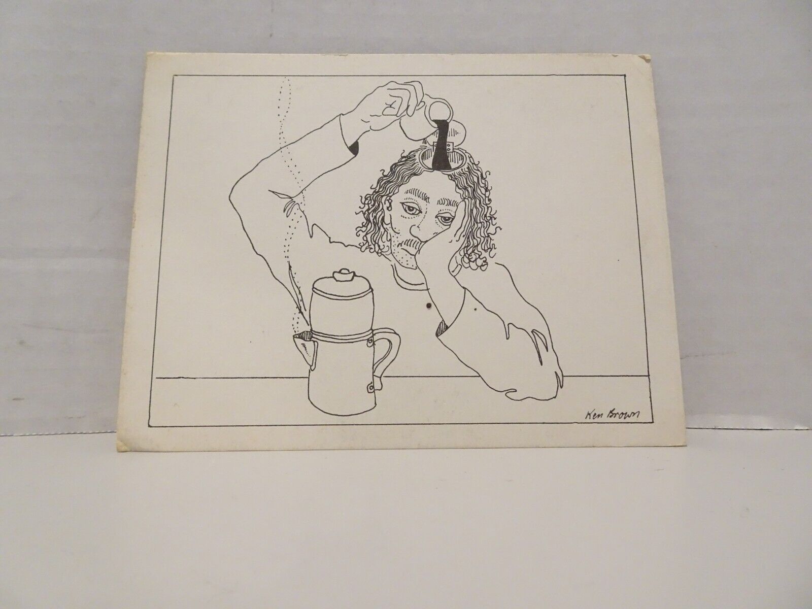 Vintage Postcard Ken Brown Cards Man Pouring Coffee Into His Head Art Print
