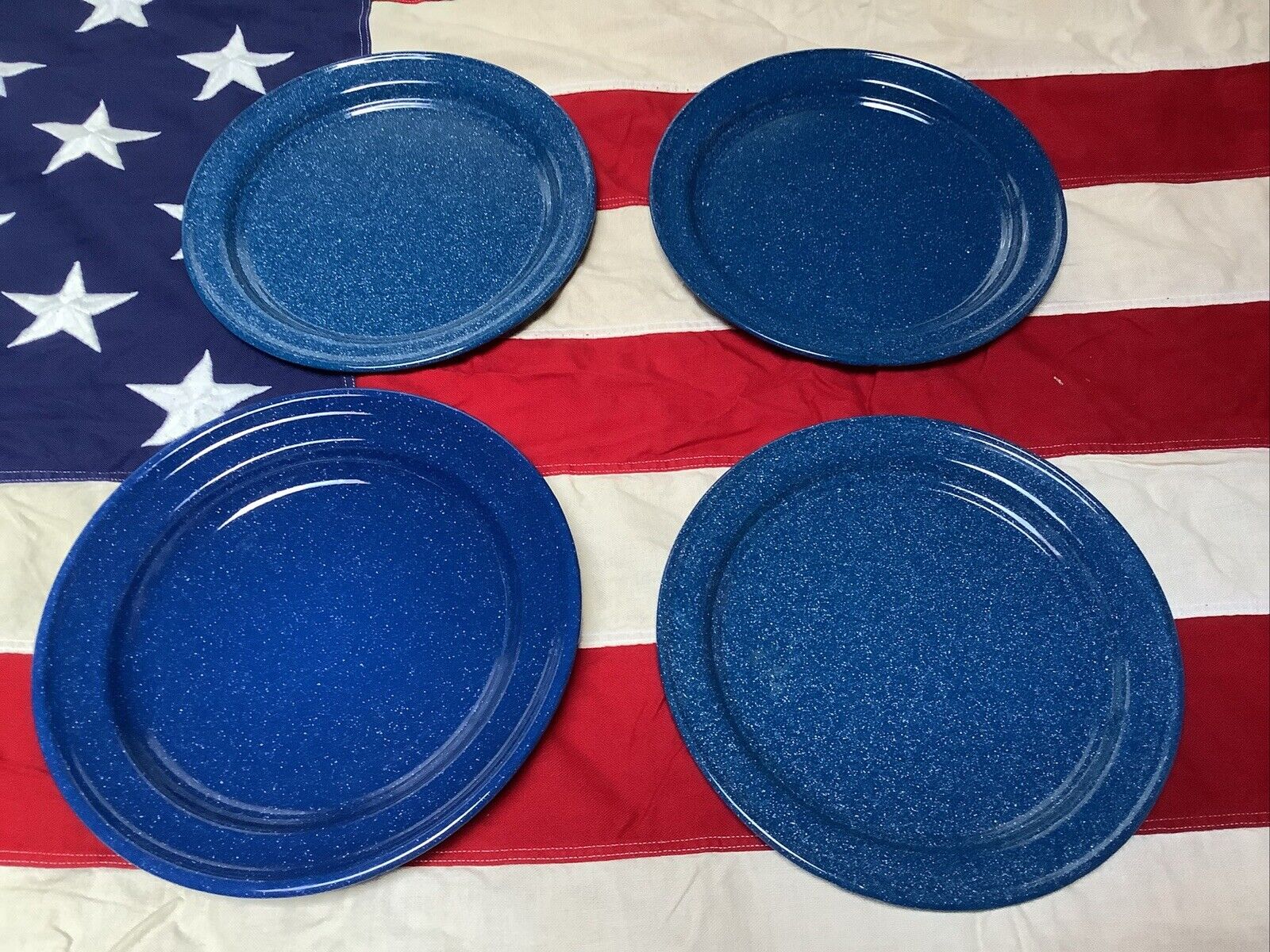 Lot 4 VTG Blue Speckled Enamel Enamelware 10” Dinner Plates / Bowls Camping