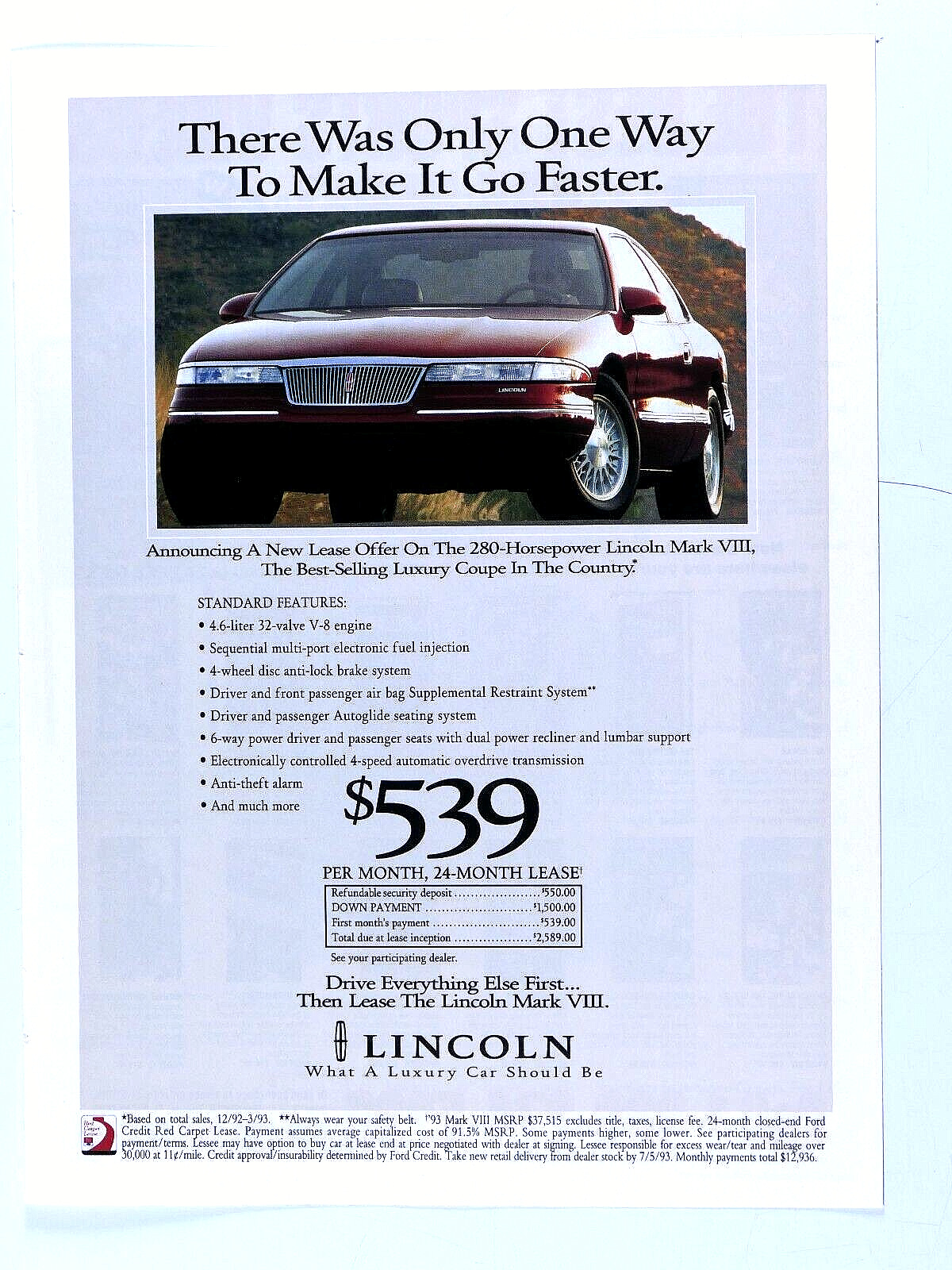 1993 Lincoln Mark VIII  Vintage Lease Original Print Ad-8.5 x 11\