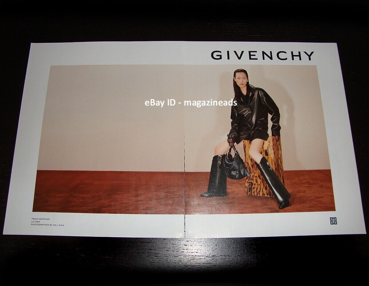 GIVENCHY 2-Page PRINT AD Fall 2023 LIU WEN beautiful woman in black  leather