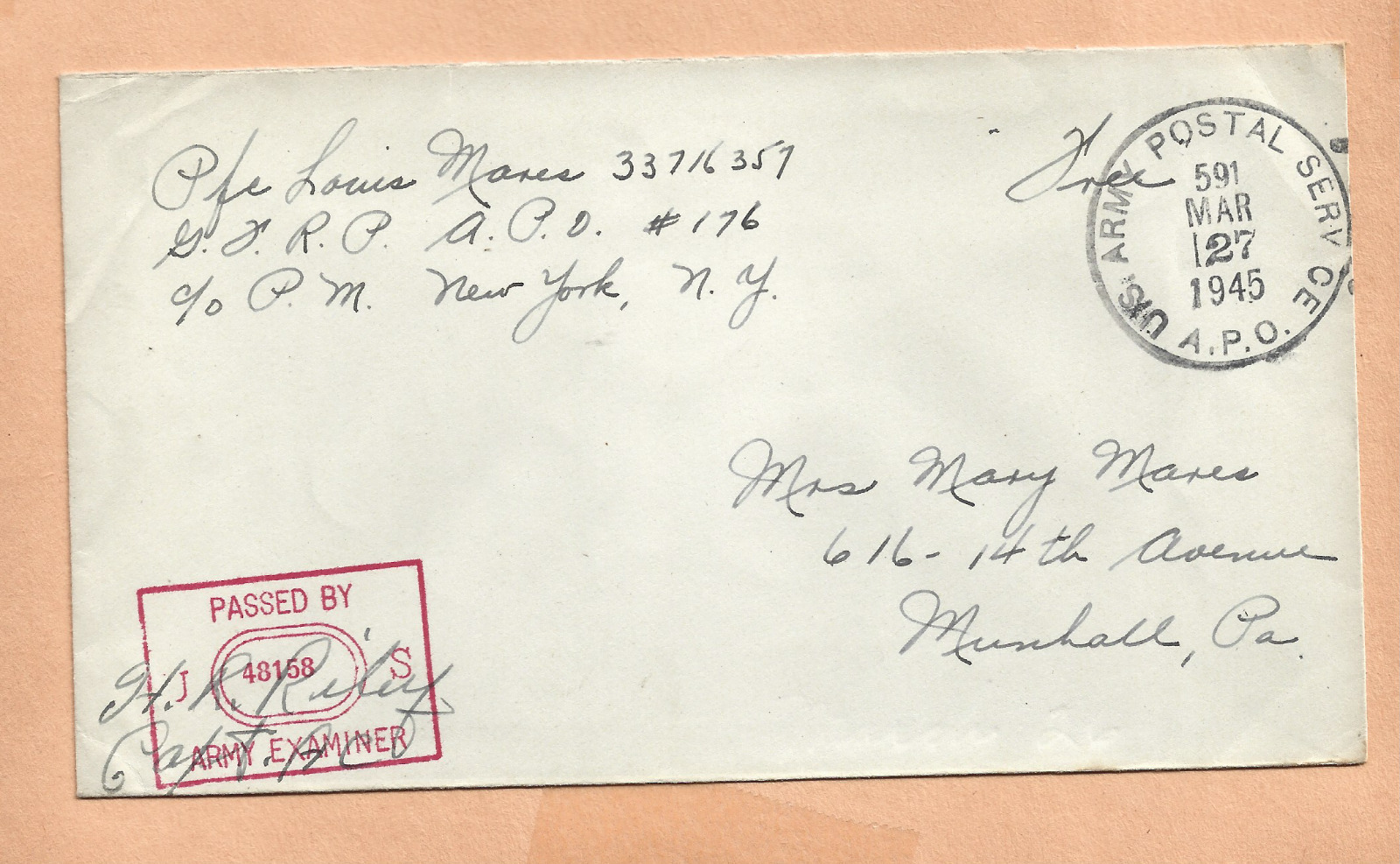 WORLD WAR II MILITARY MAIL APO 176 1945  CENSORED LE BOURGET  FRANCE