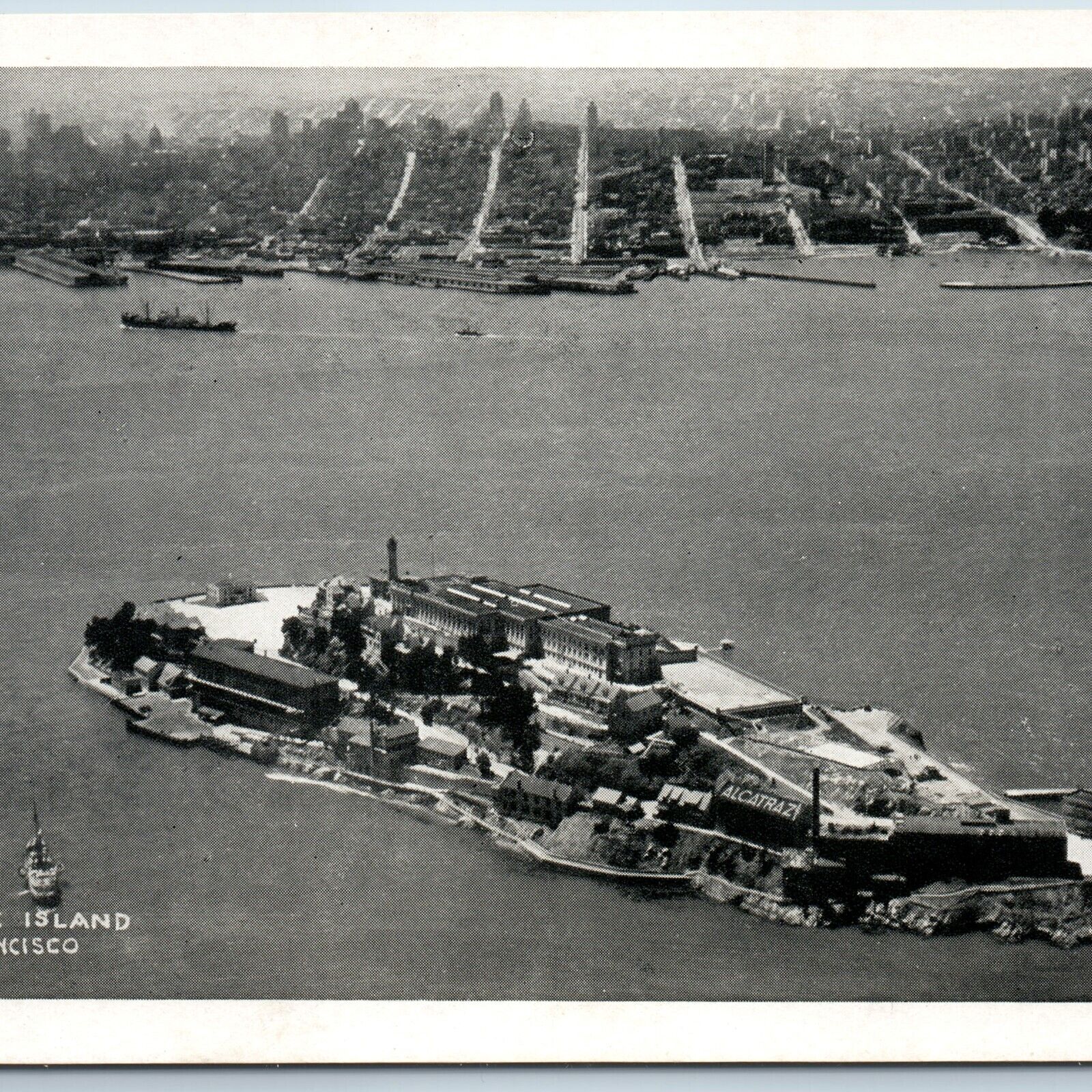 c1940s San Francisco CA Alcatraz Island Jail Birds Eye Aerial City Downtown A201