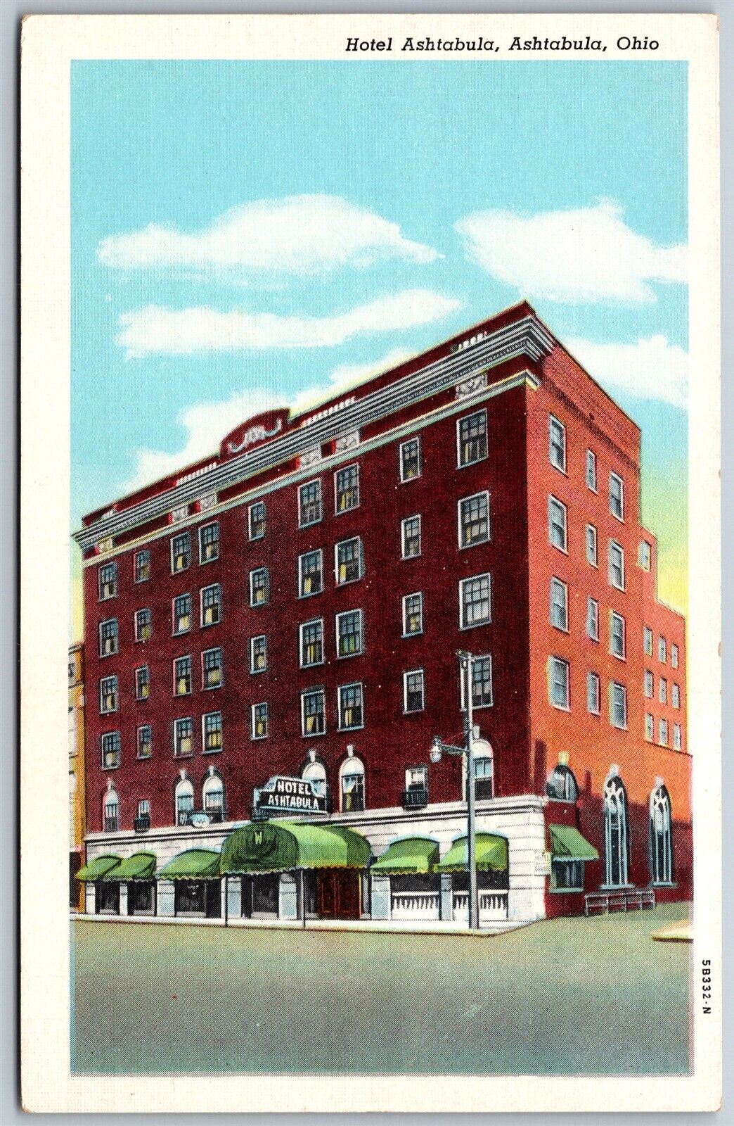 Vtg Ashtabula Ohio OH Hotel Ashtabula 1940s View Old Linen Card Postcard