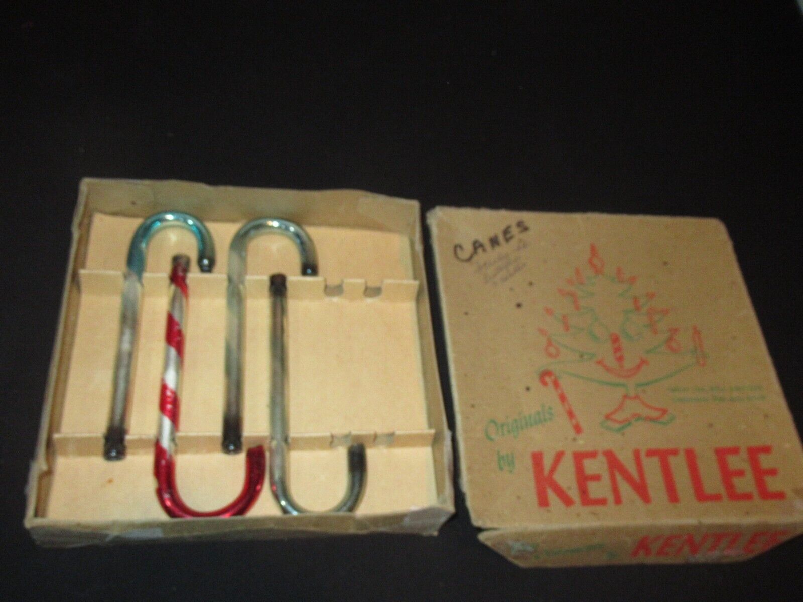 Antique Mercury Glass Christmas Candy Cane Ornaments 4 Kentlee & Box (B1002)