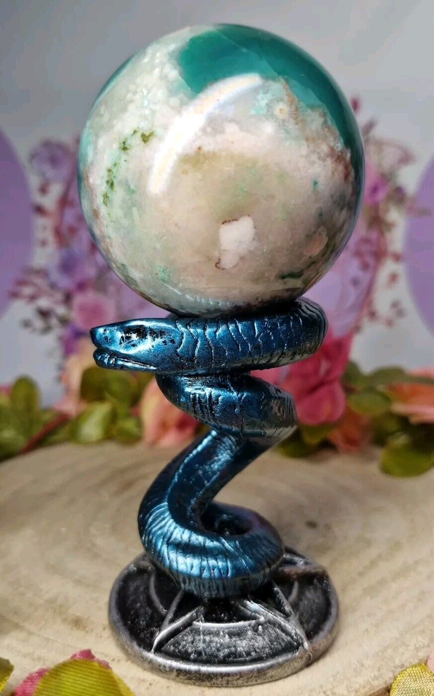 Pretty Dyed Green Flower Agate Crystal Sphere 57mm 264g & Snake Stand