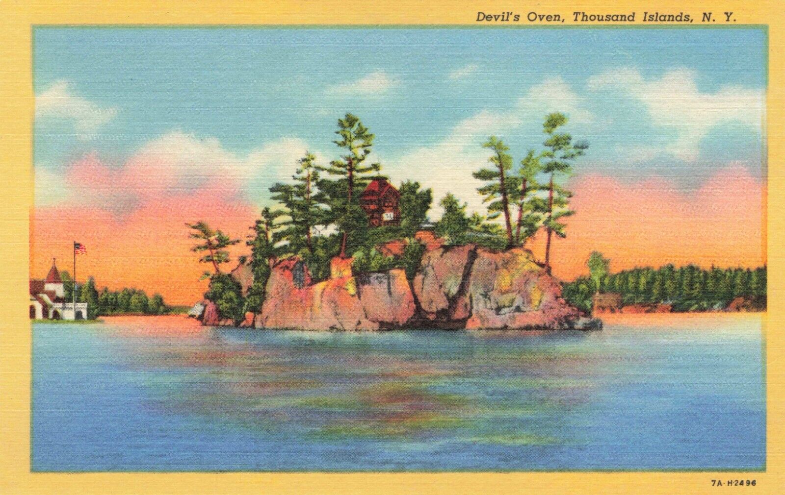 Thousand Islands Devil’s Oven NEW YORK Vintage Postcard Tree, Flag, River, Cabin