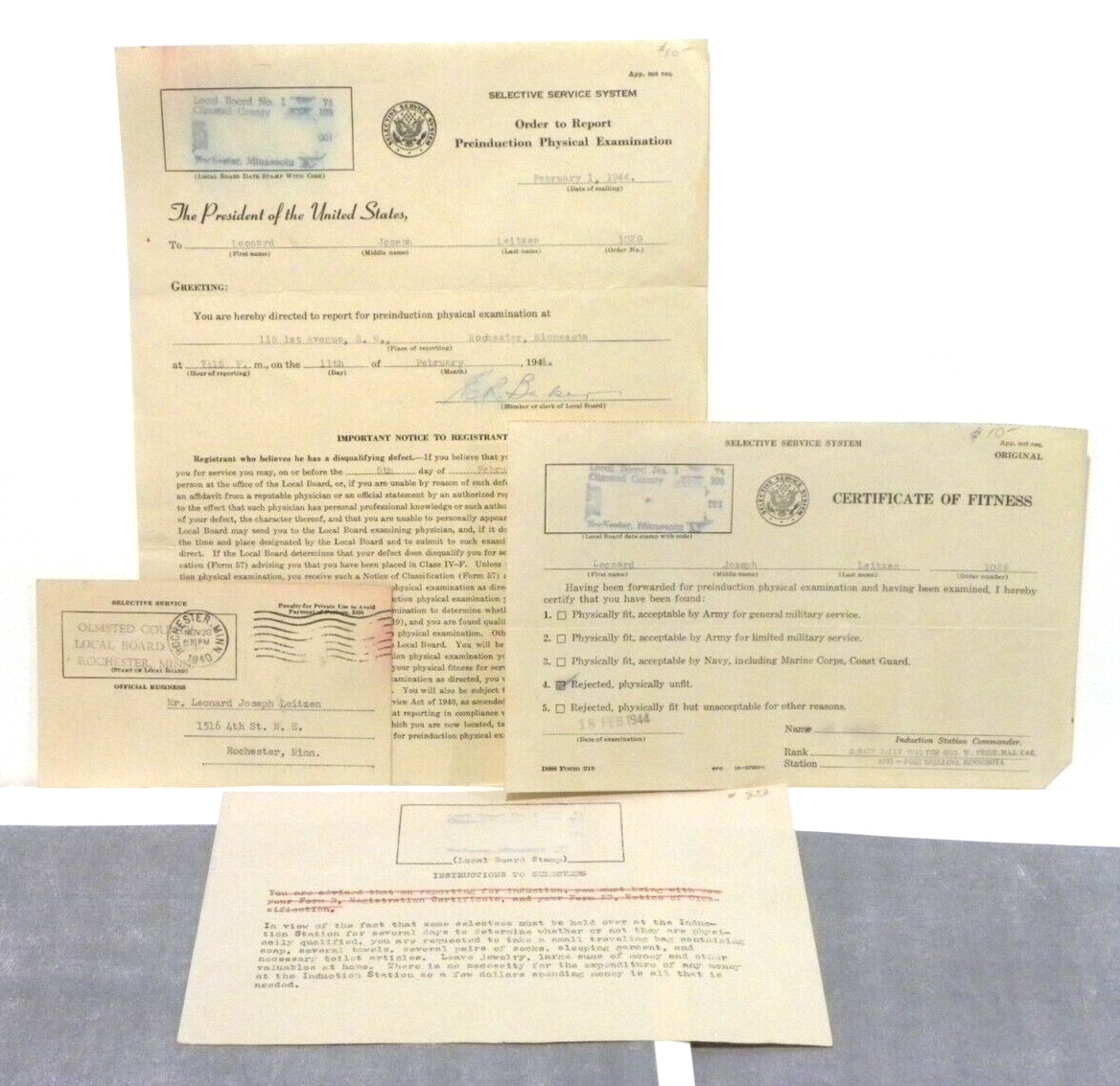 VTG WWll 1944 Minnesota Draft Board Selective Service Documents & Correspondence
