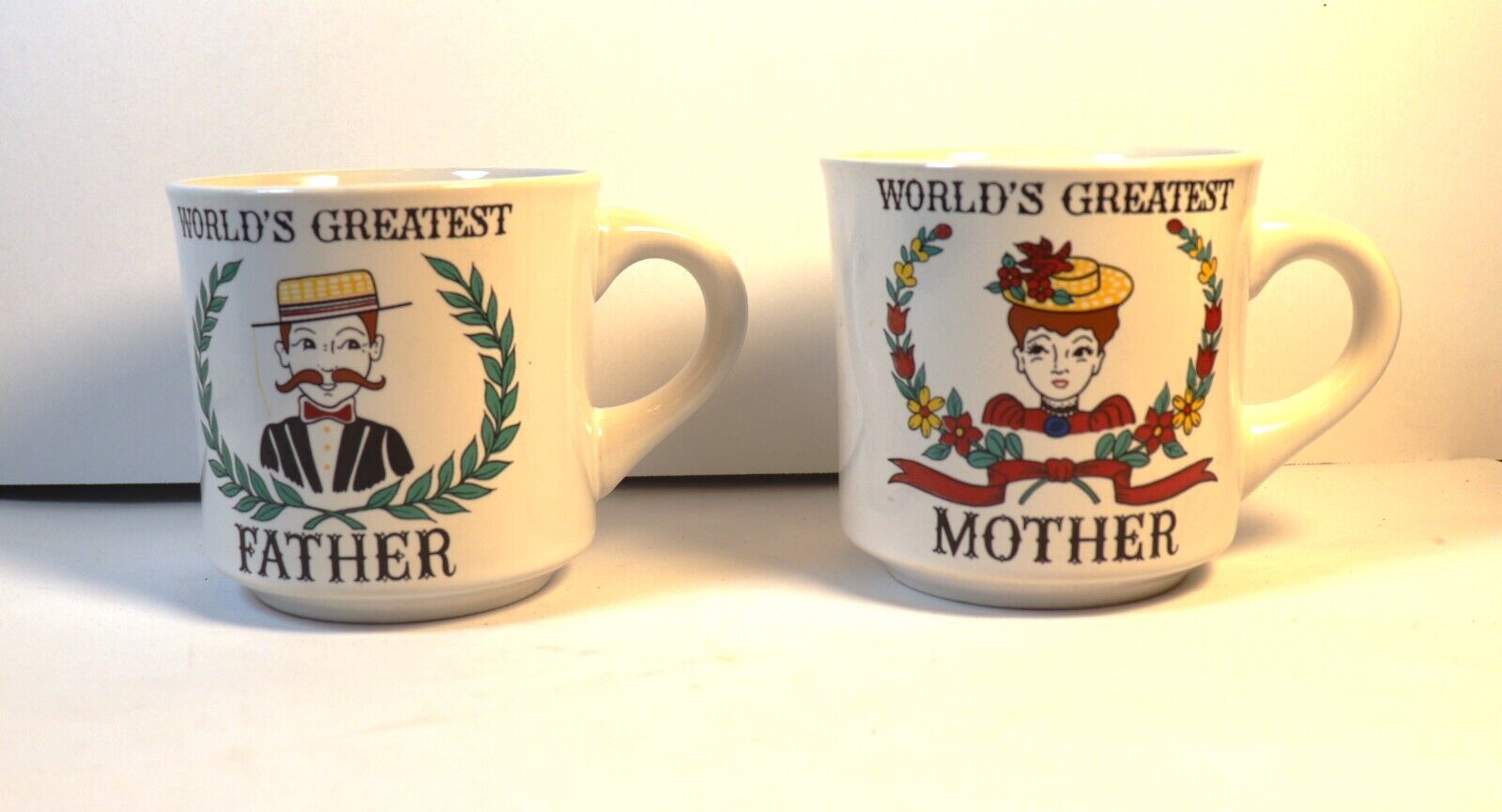 Vintage 1980s World's Greatest Father & Mother Papel Coffee Mugs Cups Pair Set