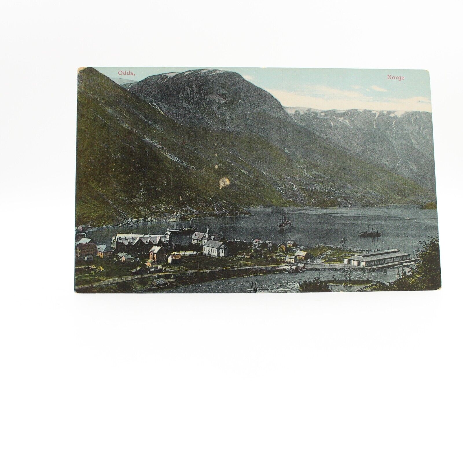 Looking Down at the Norwegian Town of Odda Norway Harbor Ships Mountains UNP