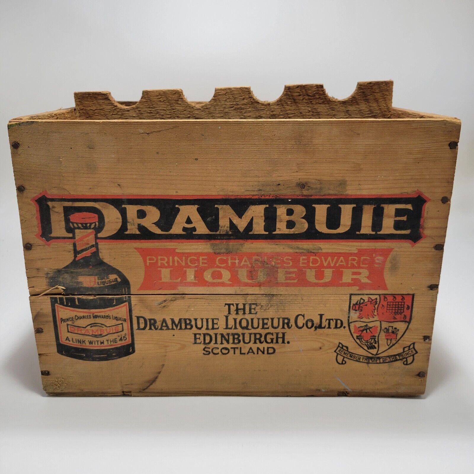 Prince Charles Edwards Liqueur DRAMBUIE Scotland 1969 Wood Crate Cleveland OH