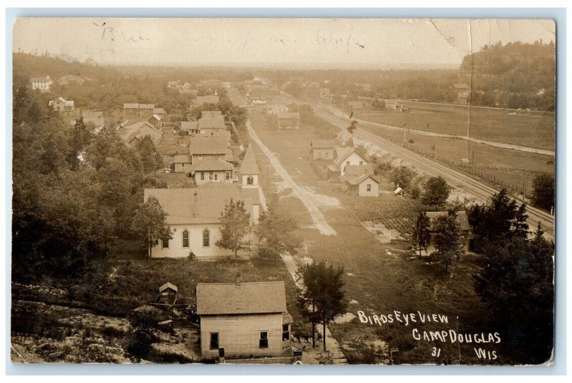 1909 Birds Eye View Camp Douglas Millstone Wisconsin WI RPPC Photo Postcard