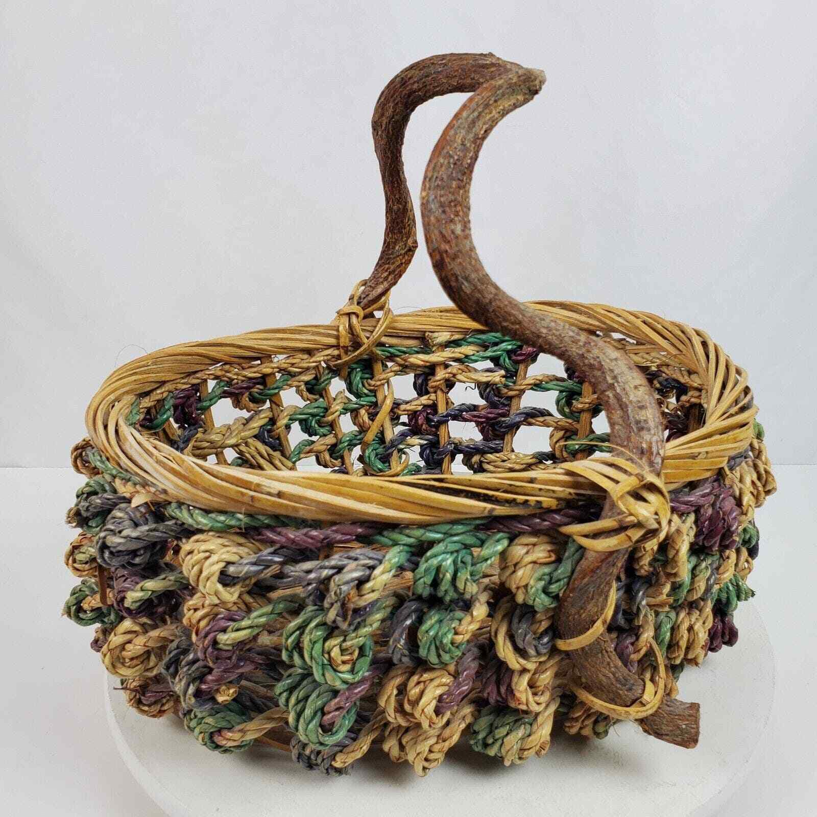 Vintage Handcrafted Basket Wicker w/ Gnarled Handle Approx 14x12 Inch
