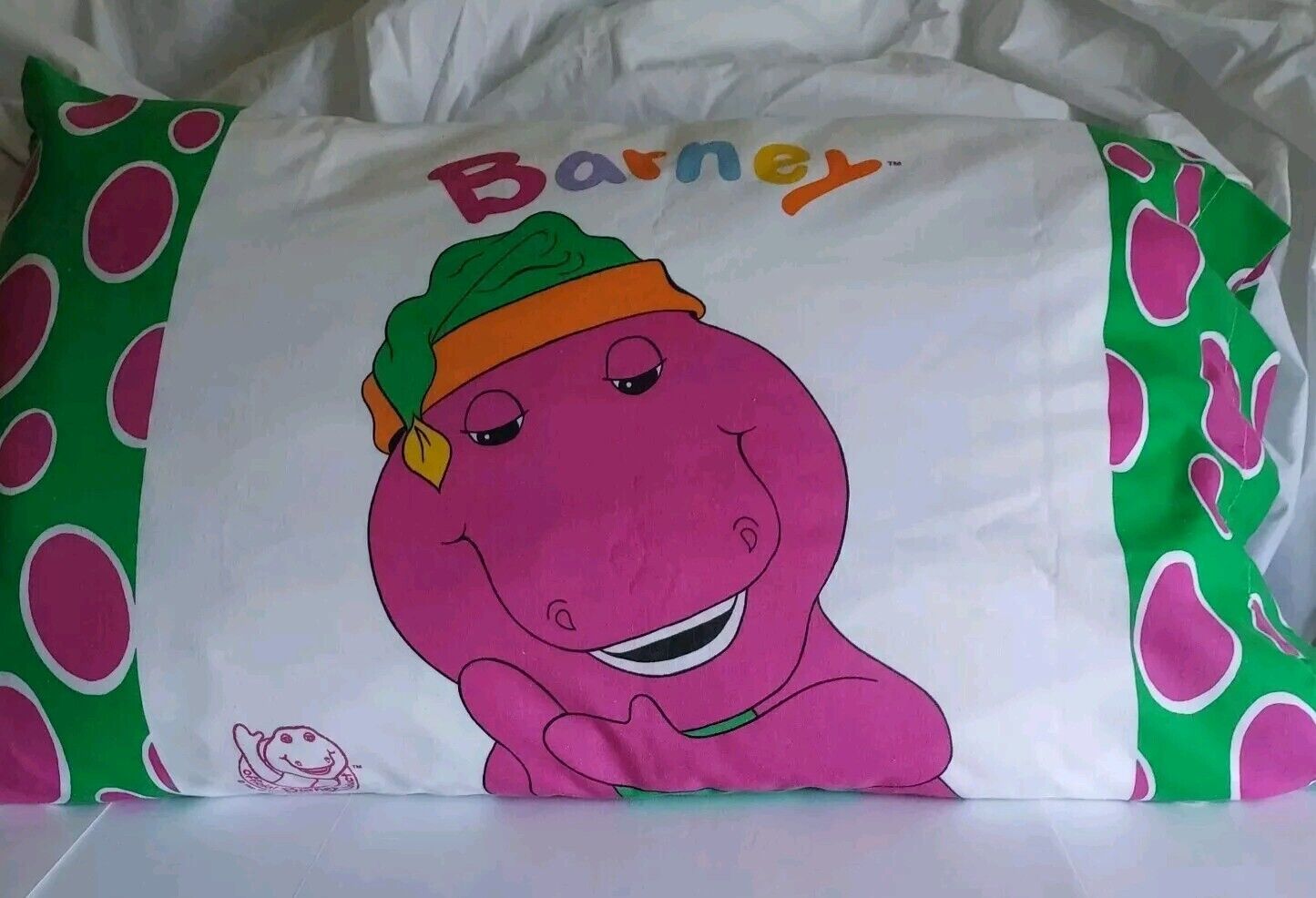 Vintage Barney The Dinosaur Pillowcase 1992 Standard Size 18x30 Stain on Hem End