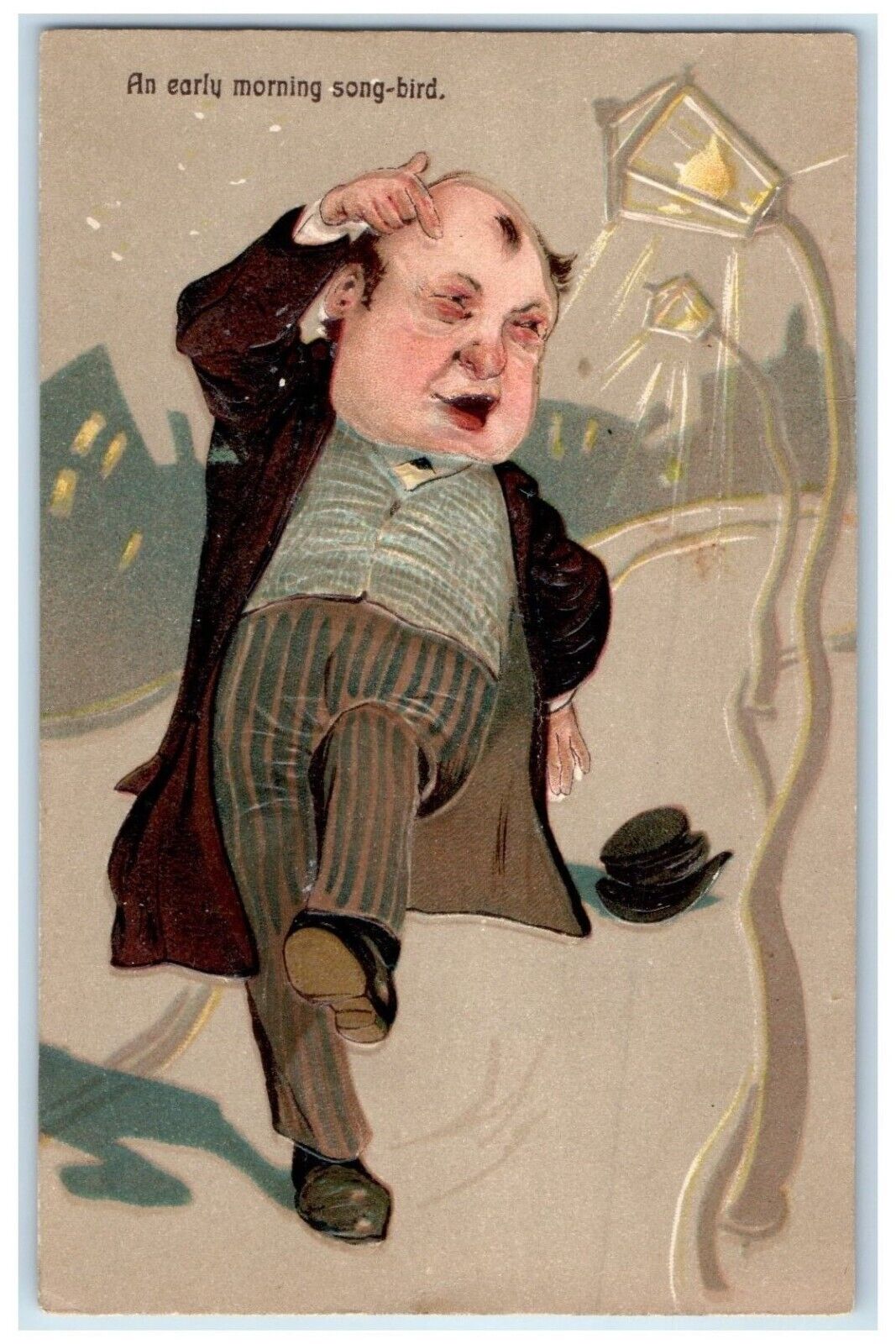 c1910's Drunk Man An Early Morning Song Bird Embossed Unposted Antique Postcard