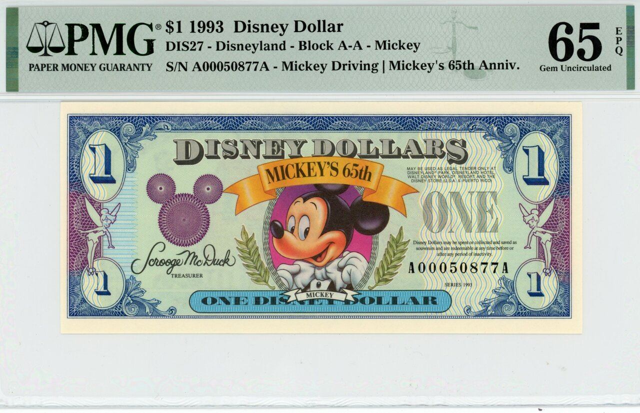 1993 $1 Disney Dollar Mickey 65th Anniv. PMG 65 EPQ (DIS27)