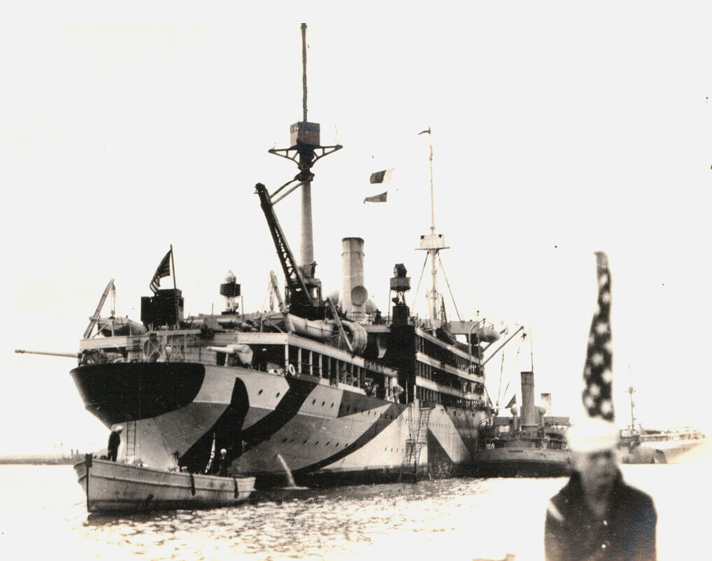 WW1 USS Henderson Dazzle Camouflage Stern Ship Boat US Navy AP-1 RPPC Postcard