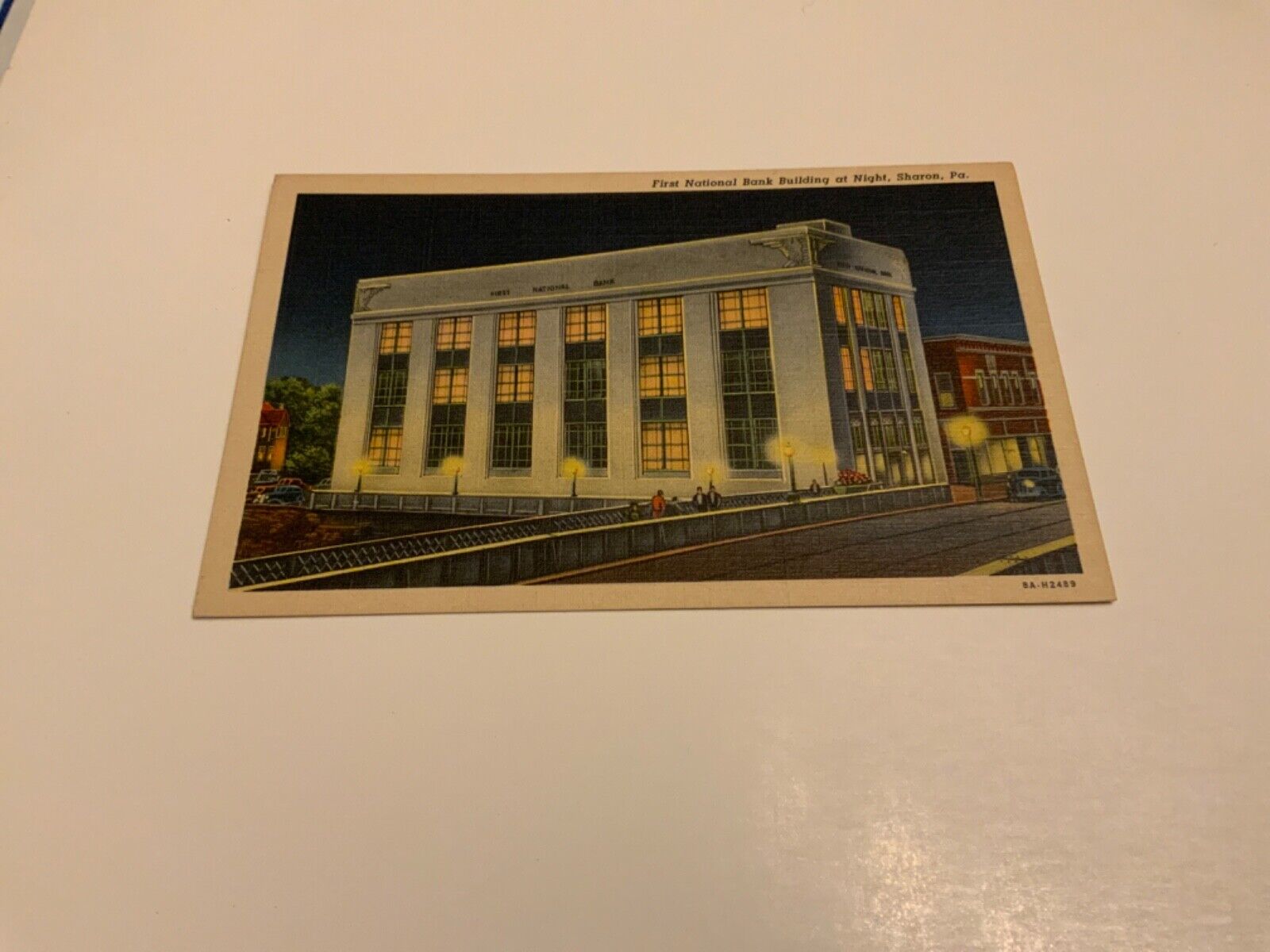 Sharon, PA. ~ First National Bank Building at Night - Unposted Vintage  Postcard