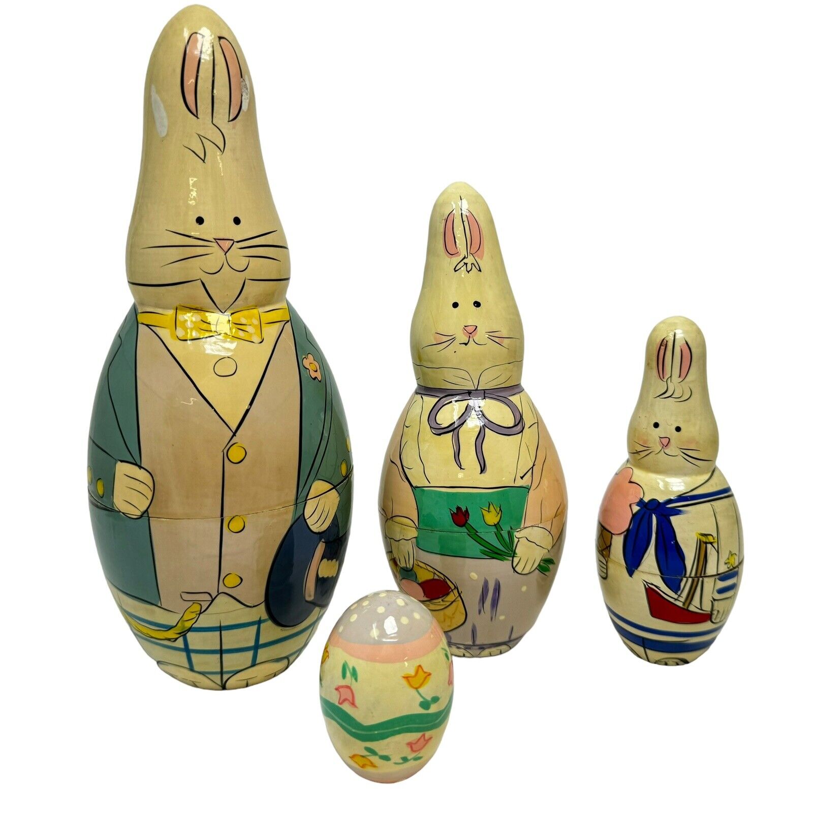 Vintage Easter Bunny Set Of Wooden 3 Nesting Dolls and Egg