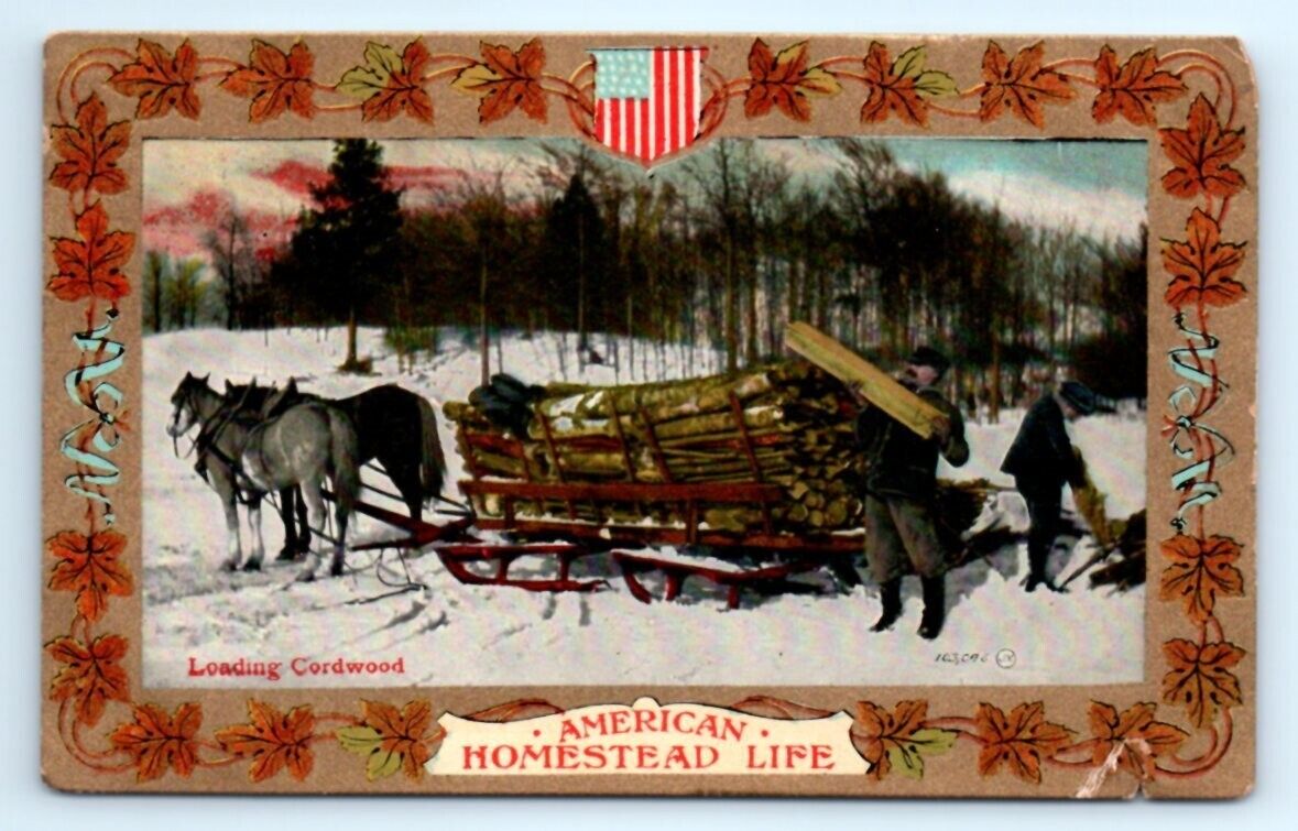 VTG 1908 Postcard Loading Cordwood American Homestead Life Horses Stamped A1