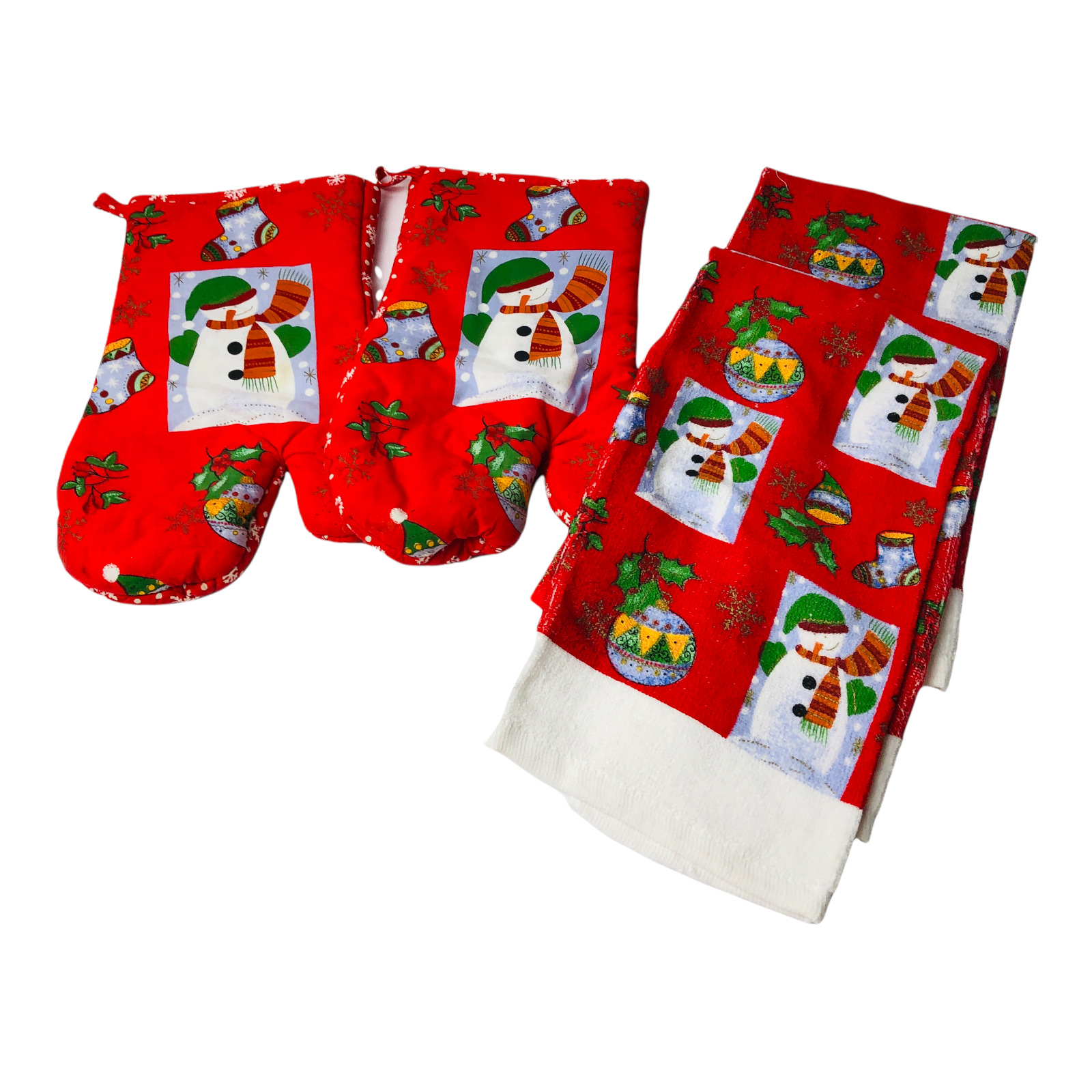2 Christmas Hand Towels and Pot Holder Gloves Snowmen Ornaments Red Snowflakes