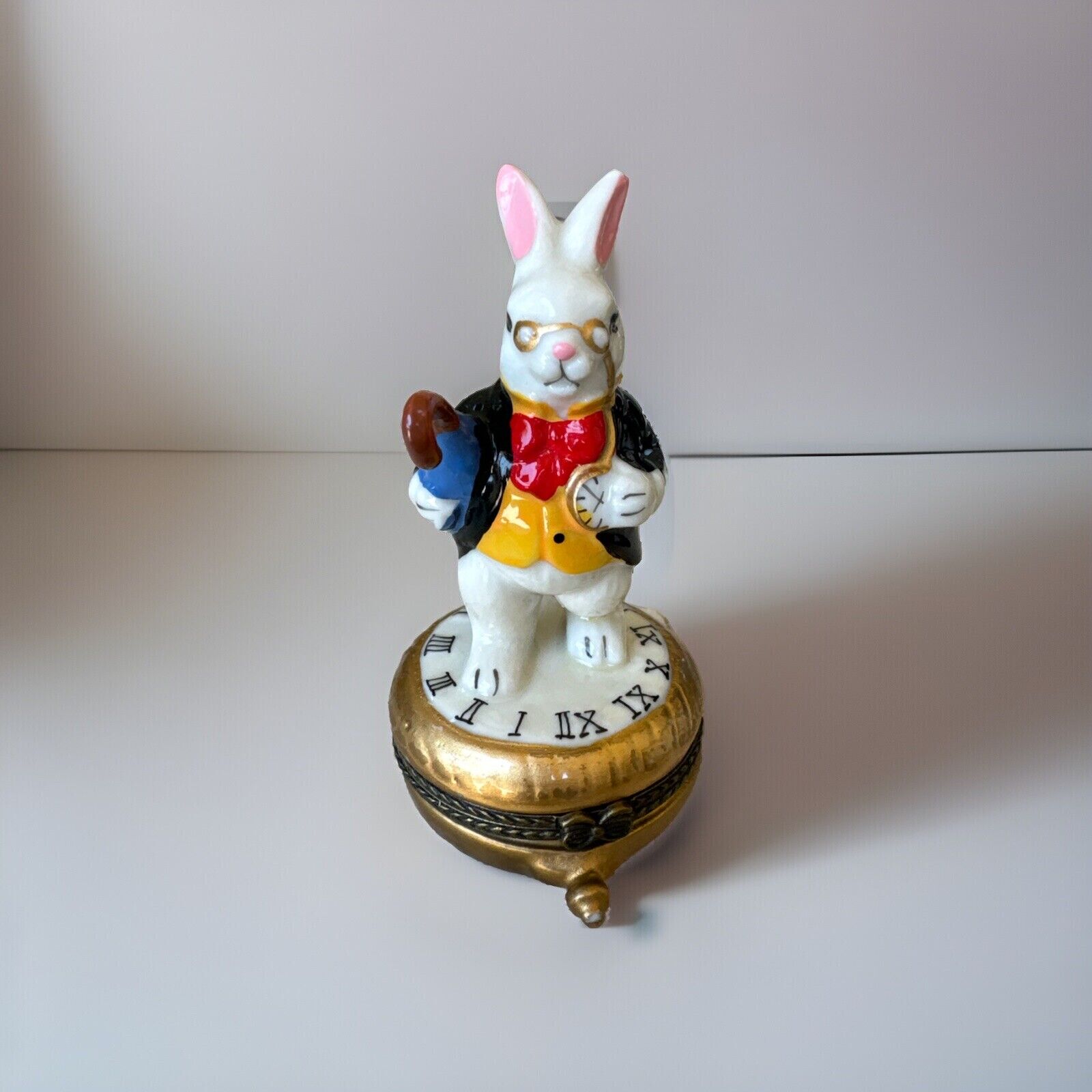 Vintage Alice in Wonderland Porcelain Trinket Box White Rabbit Clock Watch 3.75”