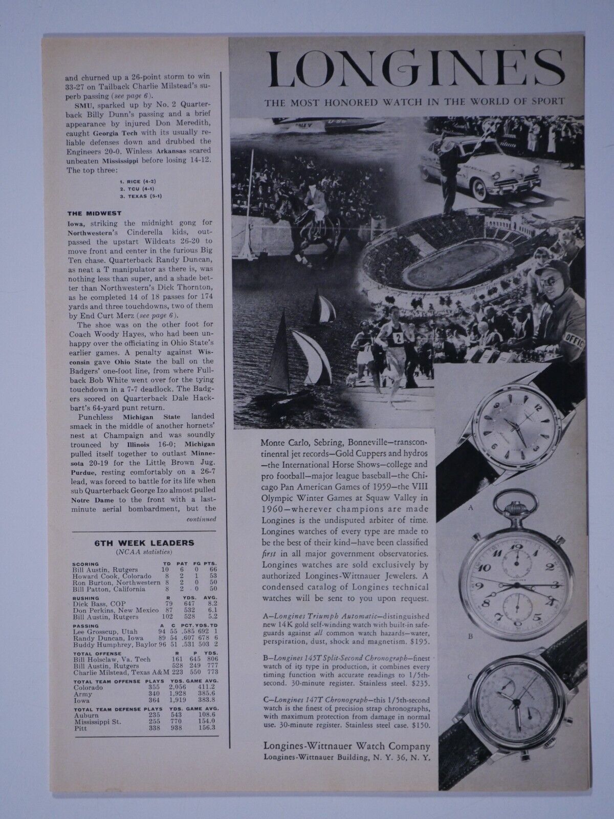 Longines Vintage 1958 Most Honored In The World 3/4p Original Print Ad 8.5 x 11