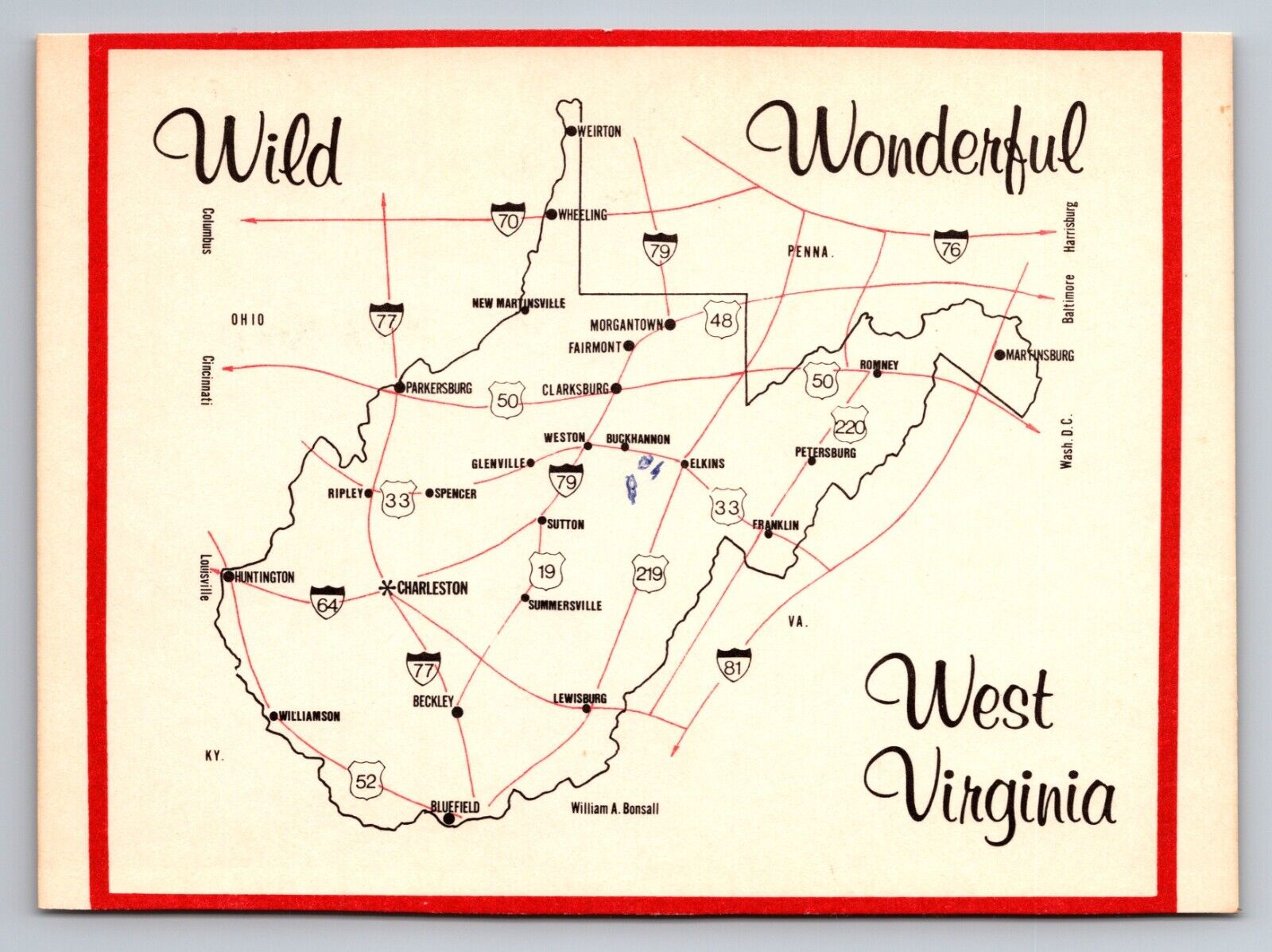 Wild Wonderful West Virginia State Map Vintage Unposted Postcard