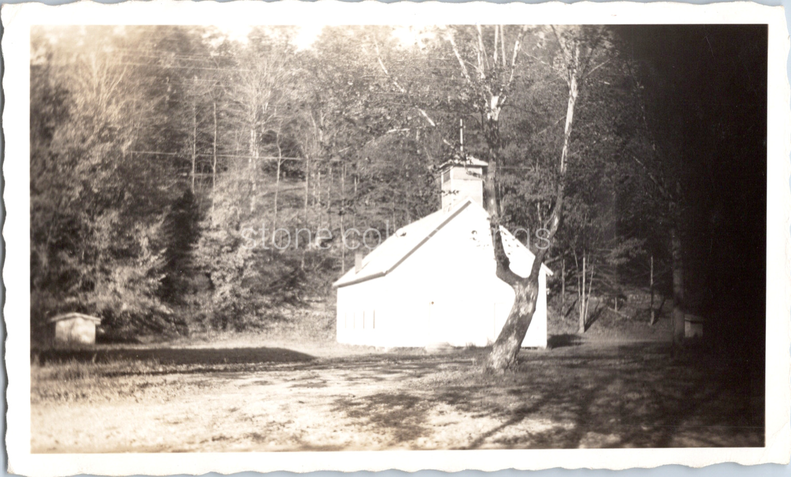 Vintage Found Photo - 30s 40s - Cute Little White Church Below Woods Mountains
