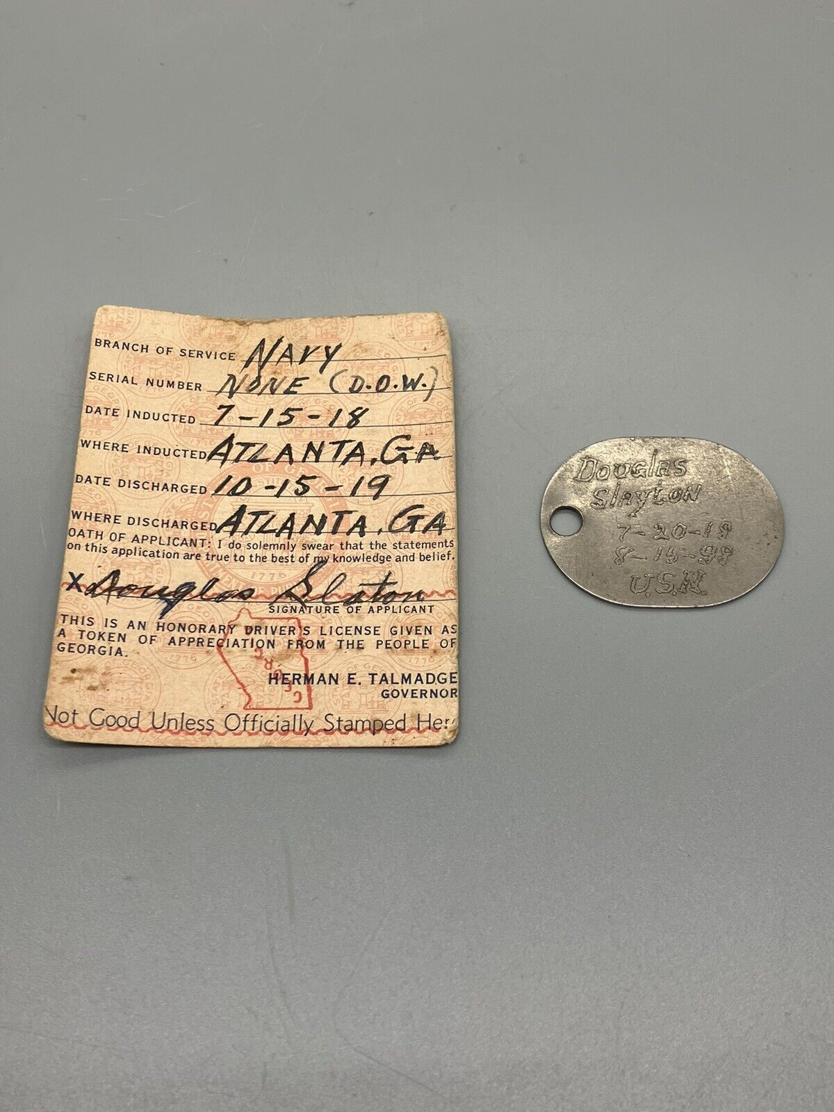 WW1 US Navy Dog Tag Acid Etched Finger Print & ID Card Atlanta, GA