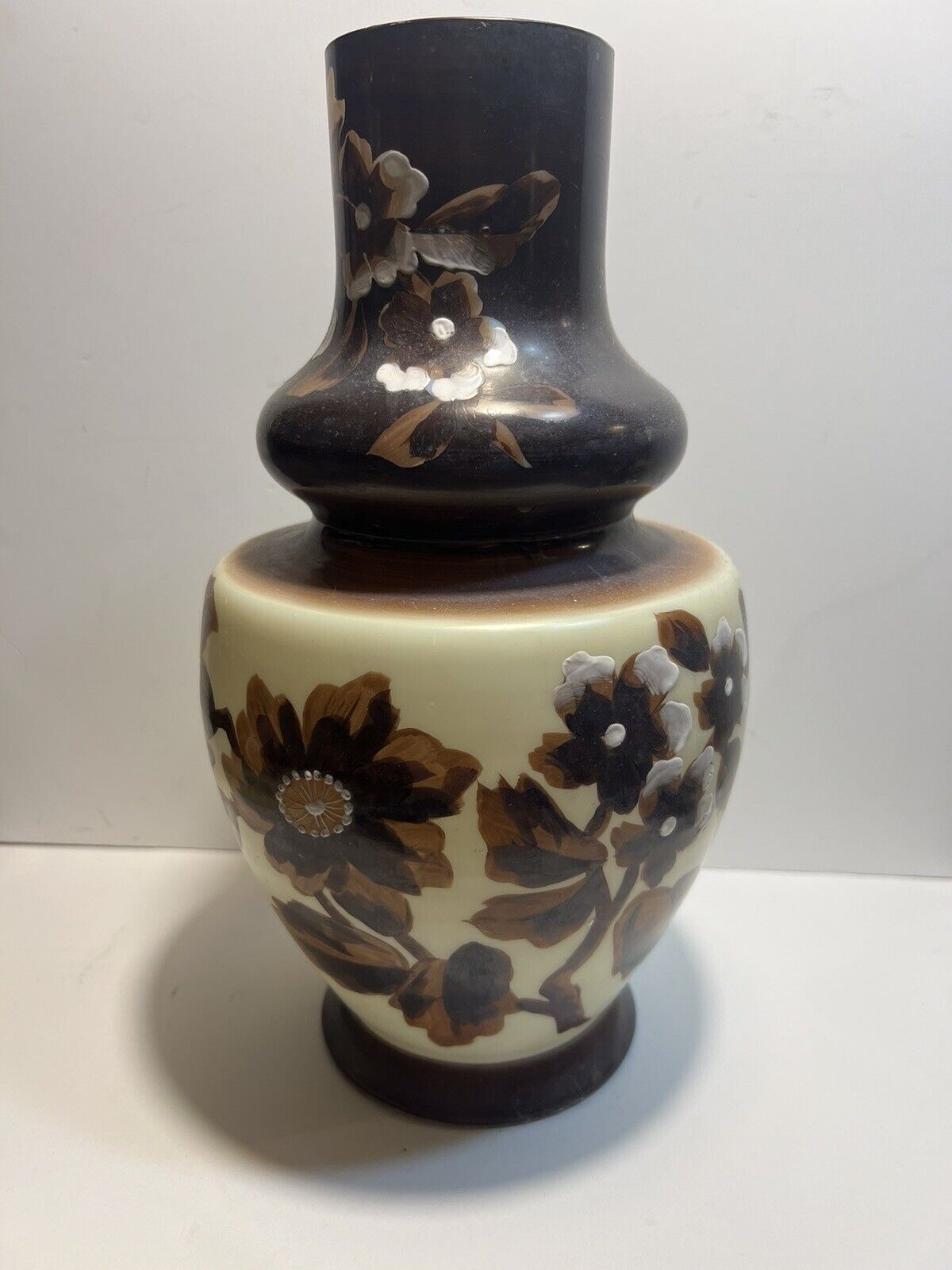 Antique Hand Blown? Hand Brown Painted Flowers Bristol Glass Vase 12”Inch Tall