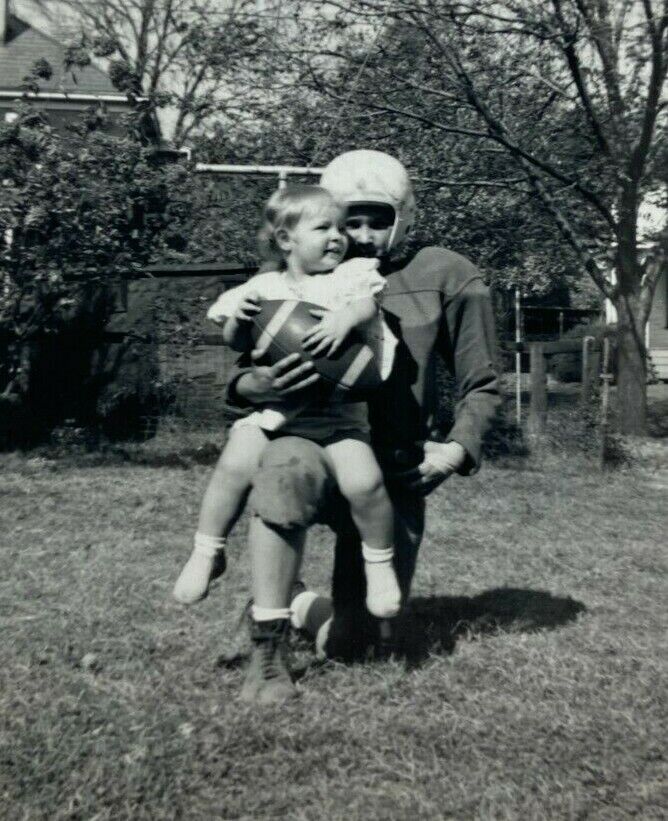 Boy Football Uniform Holding Baby Ball Vintage B&W Photograph Snapshot 3.25 x 5