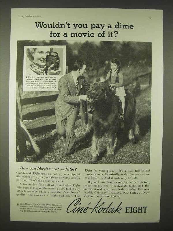 1935 Cine-Kodak Eight Movie Camera Ad - Pay a Dime for a Movie?