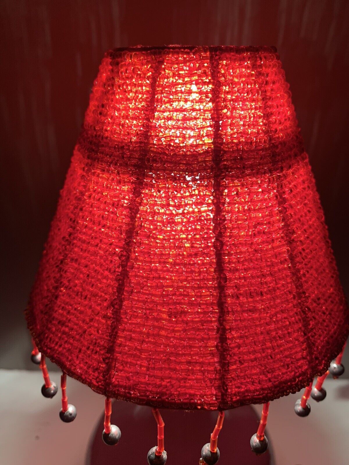 Ruby Red Glasslike  Beaded Small Lamp Shade W/ Beaded Fringe 5”x5”