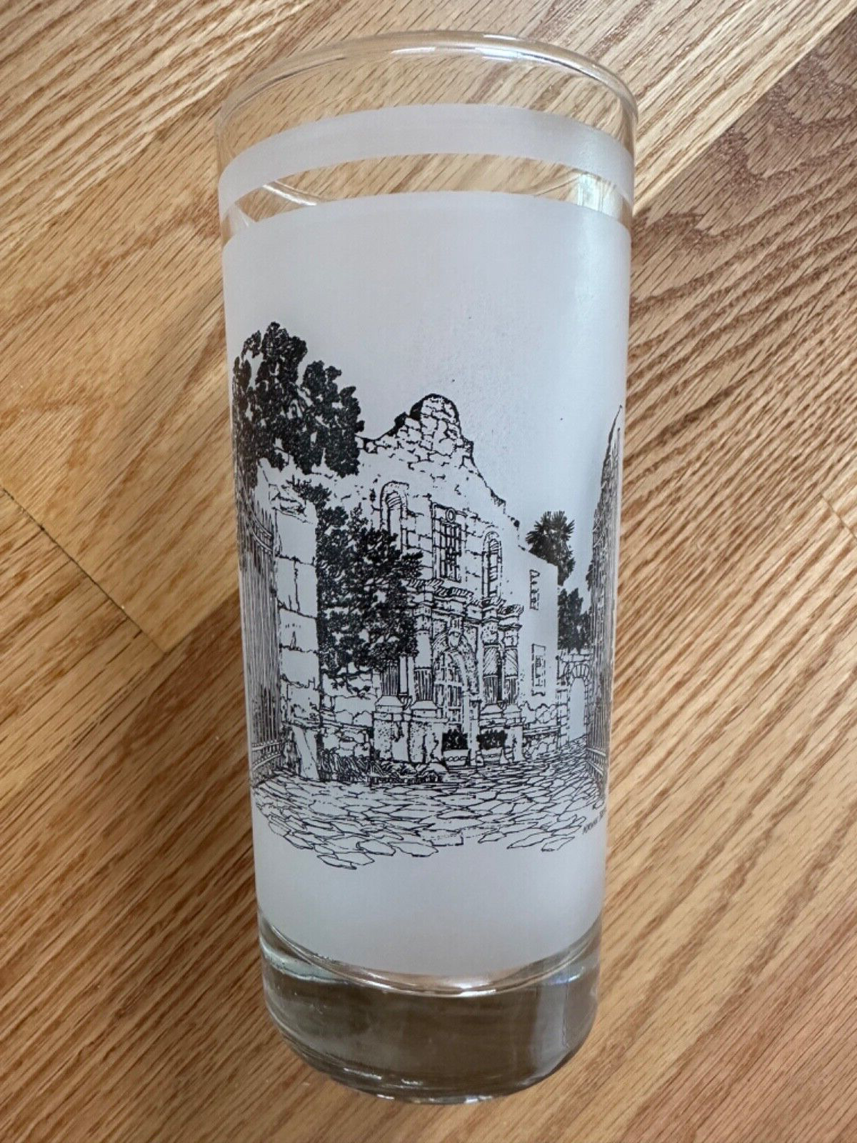 Vintage Texas 150th anniversary tall frosted glass w/ALAMO~San Antonio info