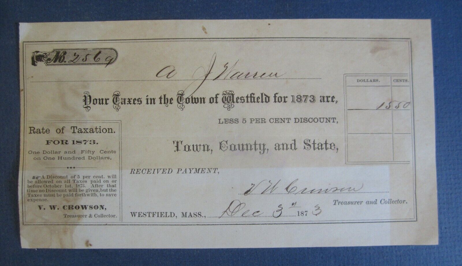 Old 1873 - TOWN OF WESTFIELD - MASS. - Tax Document 