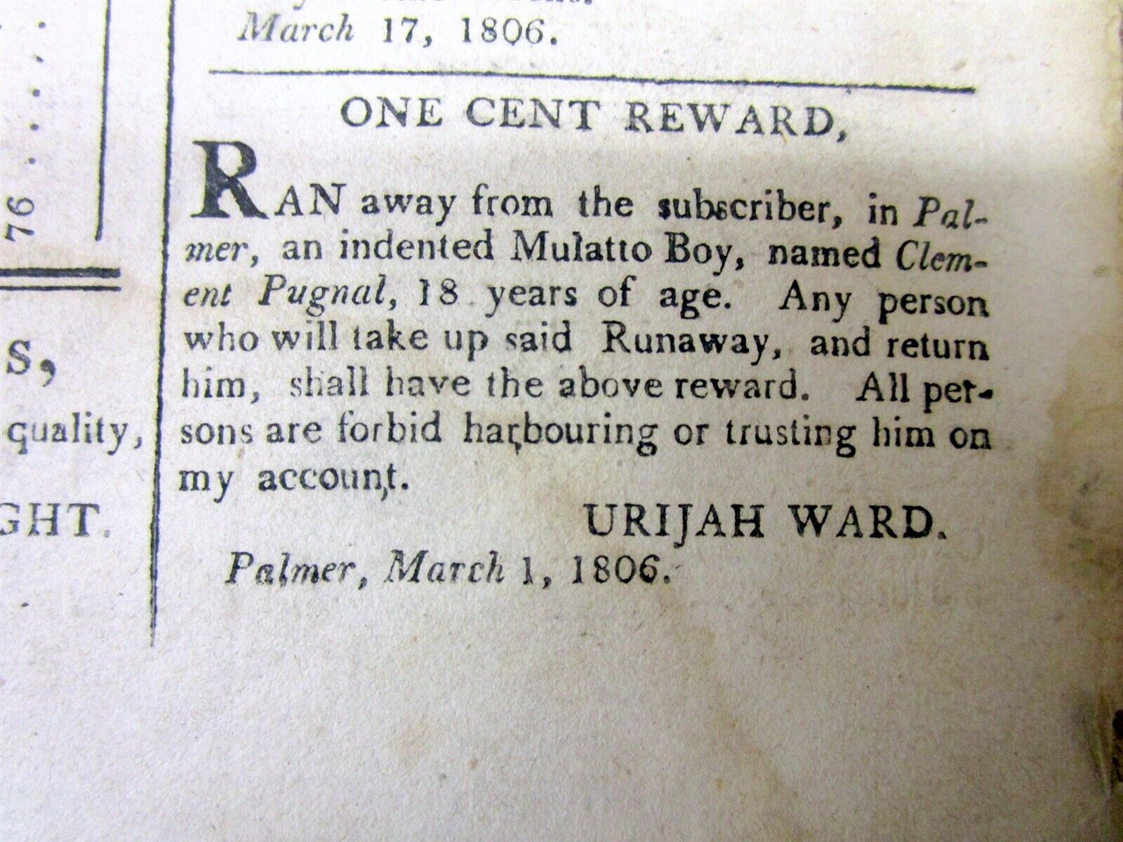 1806 SPRINGFIELD newspaper wth RUNAWAY SLAVE REWARD Ad from PALMER Massachusetts